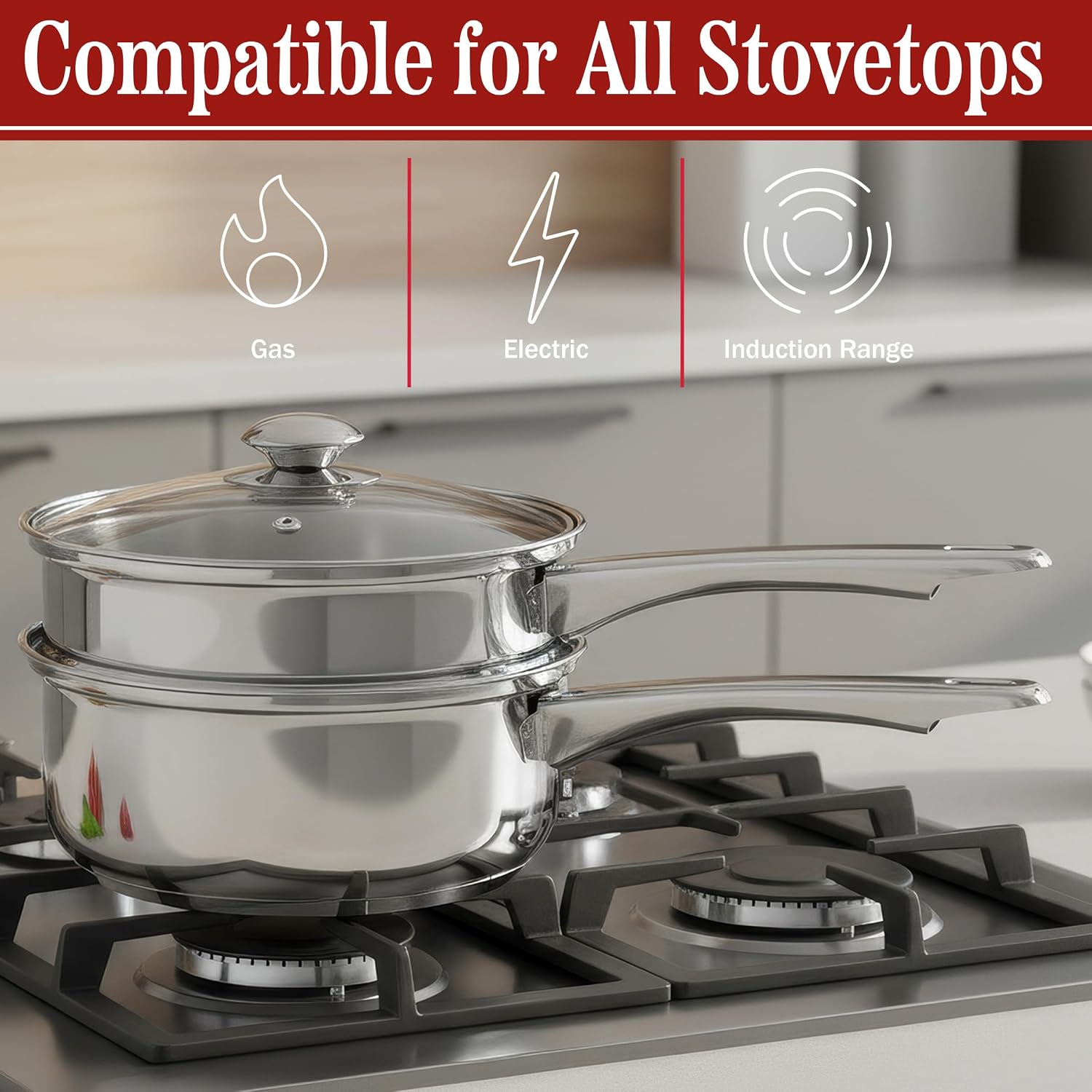 6 Cup Double Boiler Pot Set – 1.5 Quart Stainless-Steel Saucepan 2-in-1 with Vented Glass Lid – Kitchen Cookware with Measurements by Classic