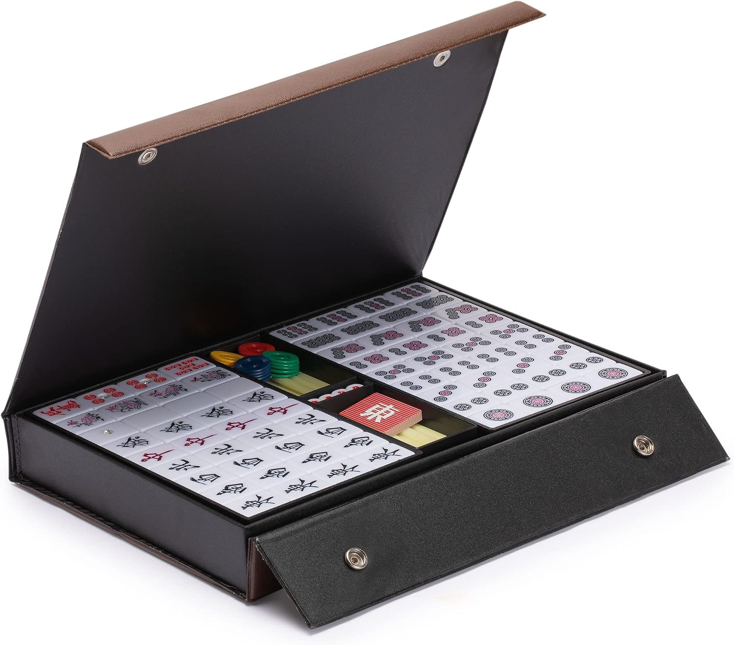 Yellow Mountain Imports Japanese Riichi Mahjong Set - White and Yellow Standard Size Tiles - with East Wind Tile and Black Vinyl Case