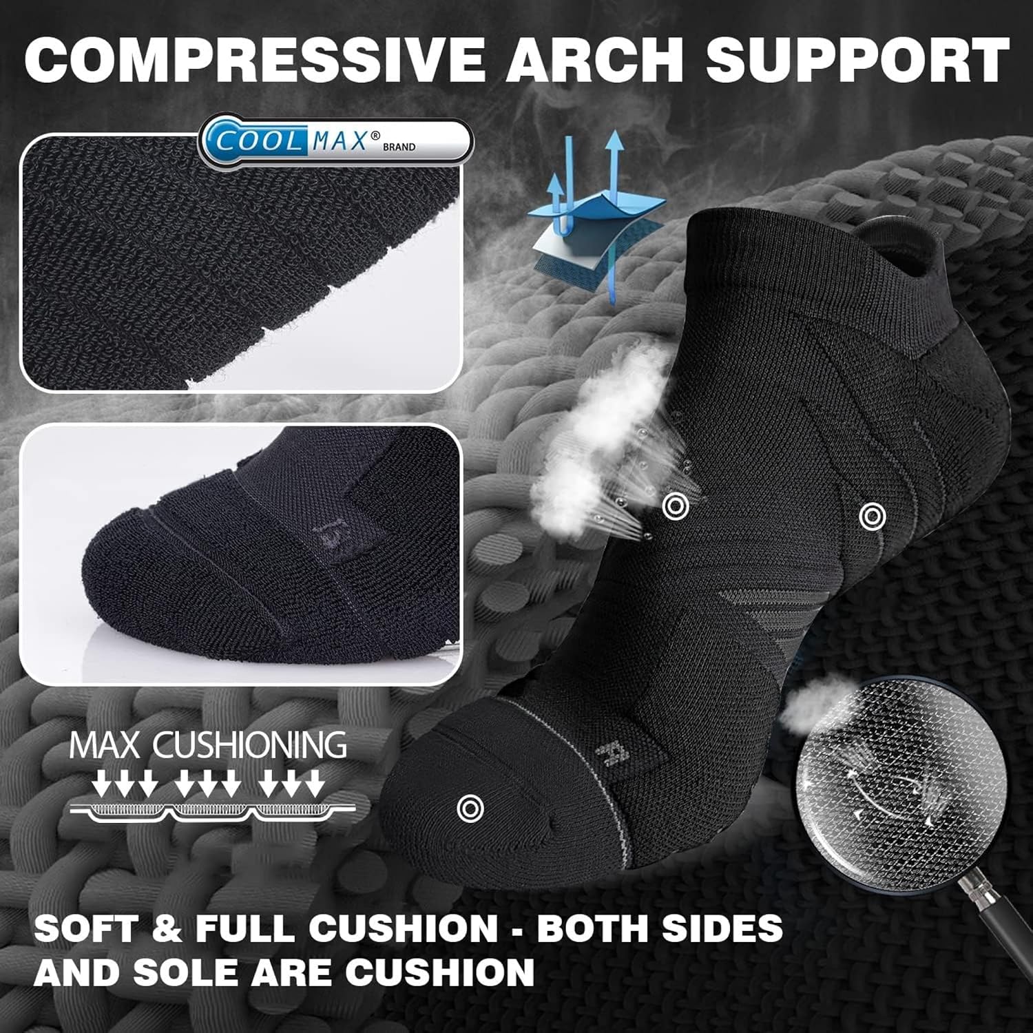 Hylaea Unisex Coolmax No Show Athletic Running Socks, Cushioned No Blisters