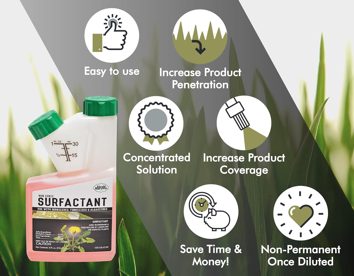 Concentrated Surfactant for Herbicides Non-Ionic 8oz, Increase Product Coverage, Penetration, Effectiveness