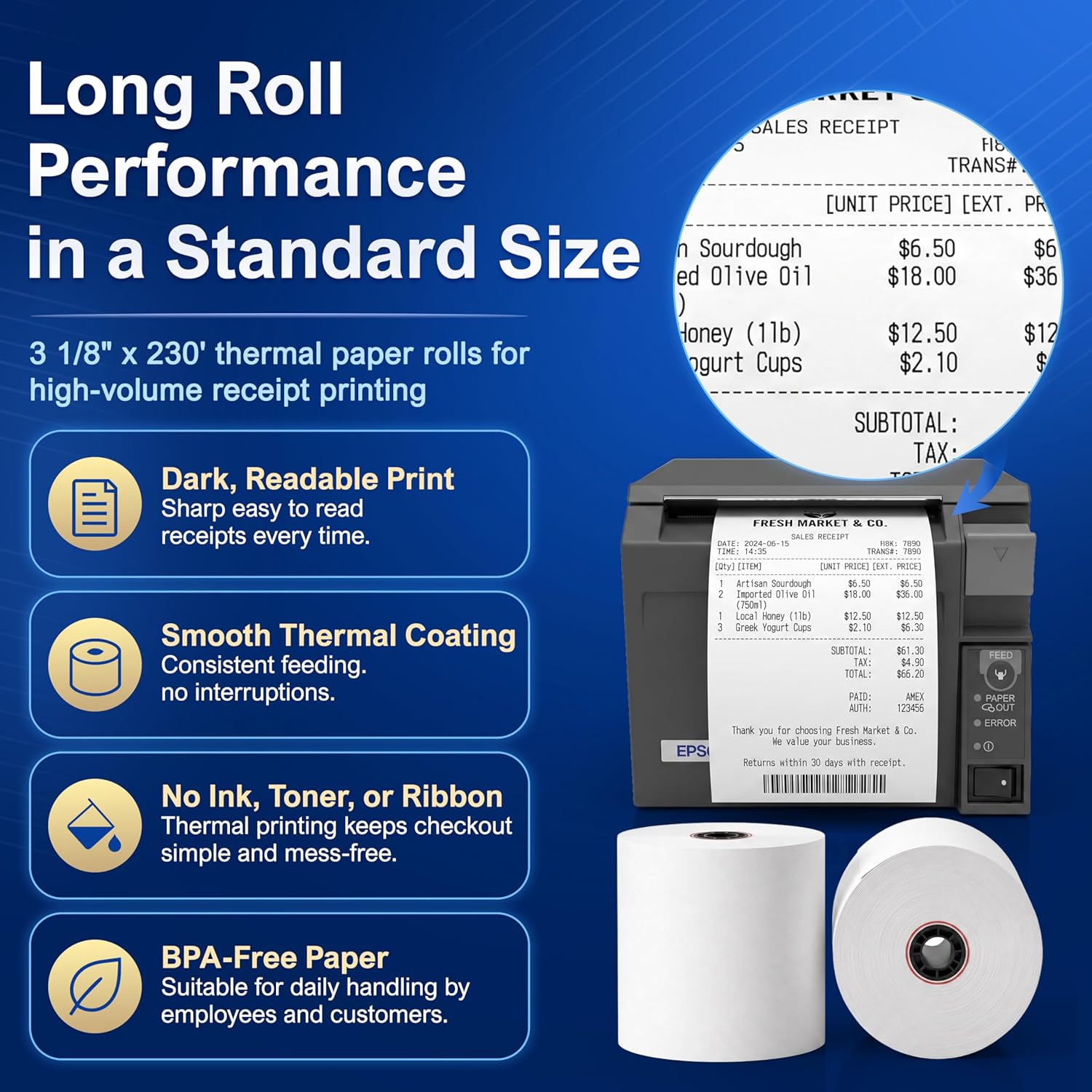 3 1/8 x 230 Thermal POS Rolls for Epson Printers, BPA Free Thermal Printing Compatible with TM-T88 TM-T70 TM-T80 TM-T85 TM-H6000 T90 Series