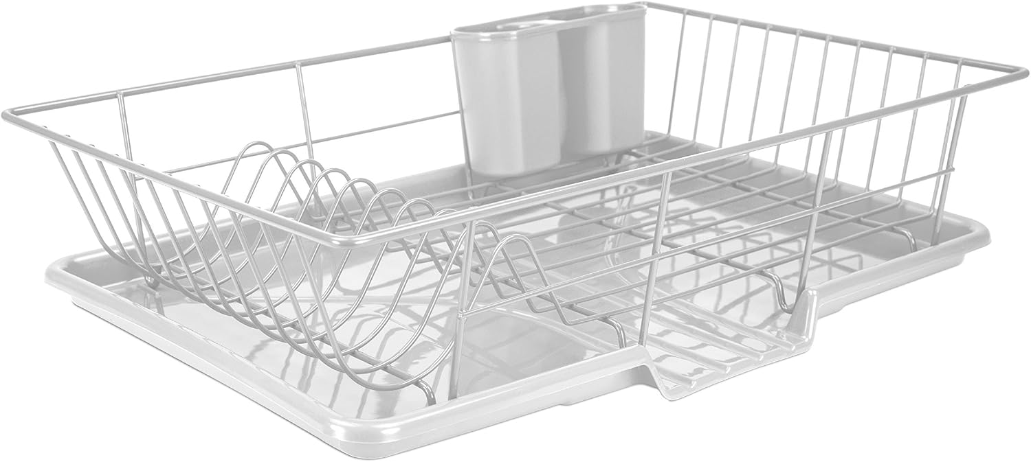 Home Basics 3 Piece Vinyl Coated Steel Dish Drainer, White