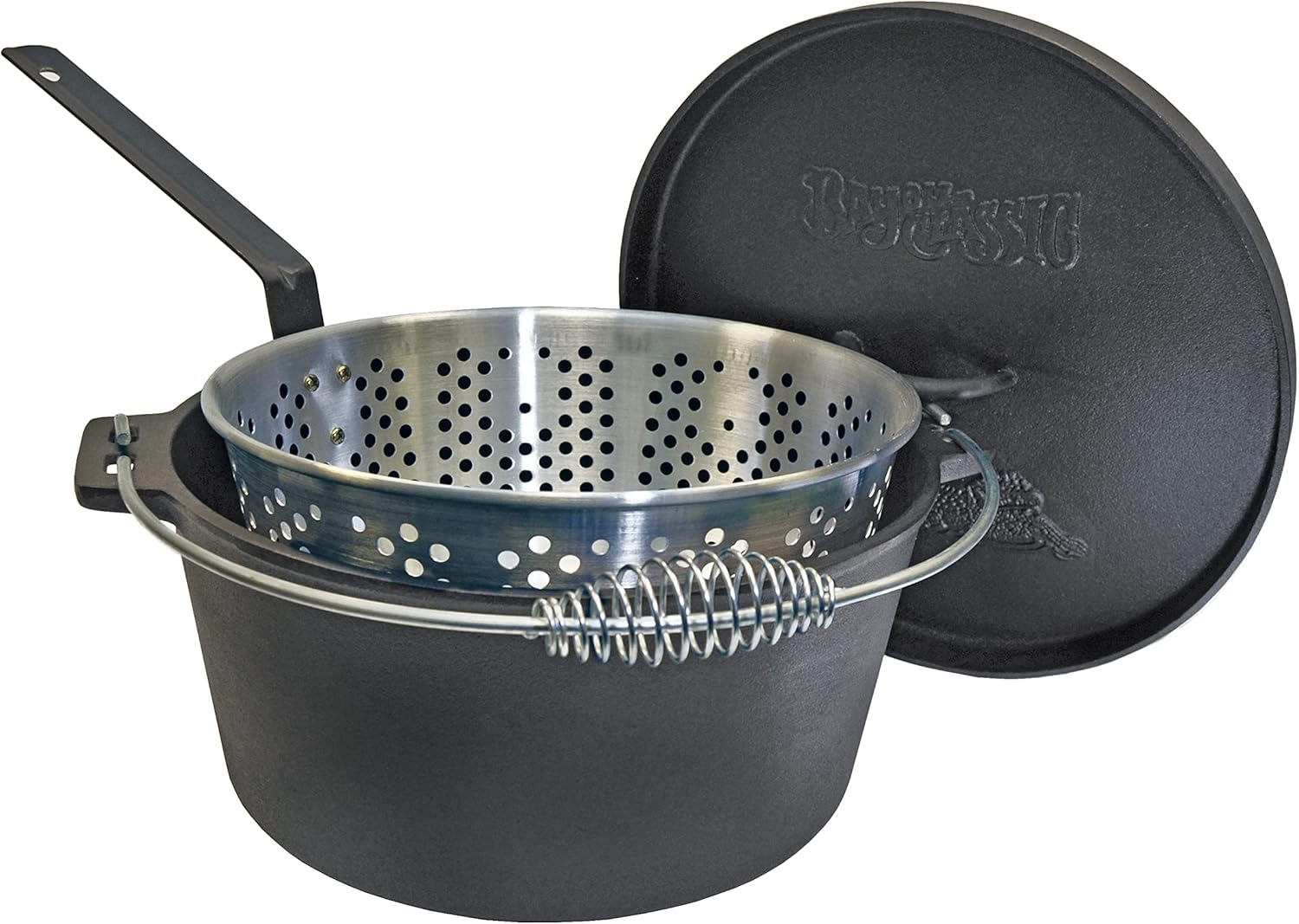 Bayou Classic B159 Cast Iron Fish Cooker Features 8-qt Cast Iron Dutch Oven w/Lid and 5-in Stainless Thermometer 19-in Tall Cooker Perfect For Slow