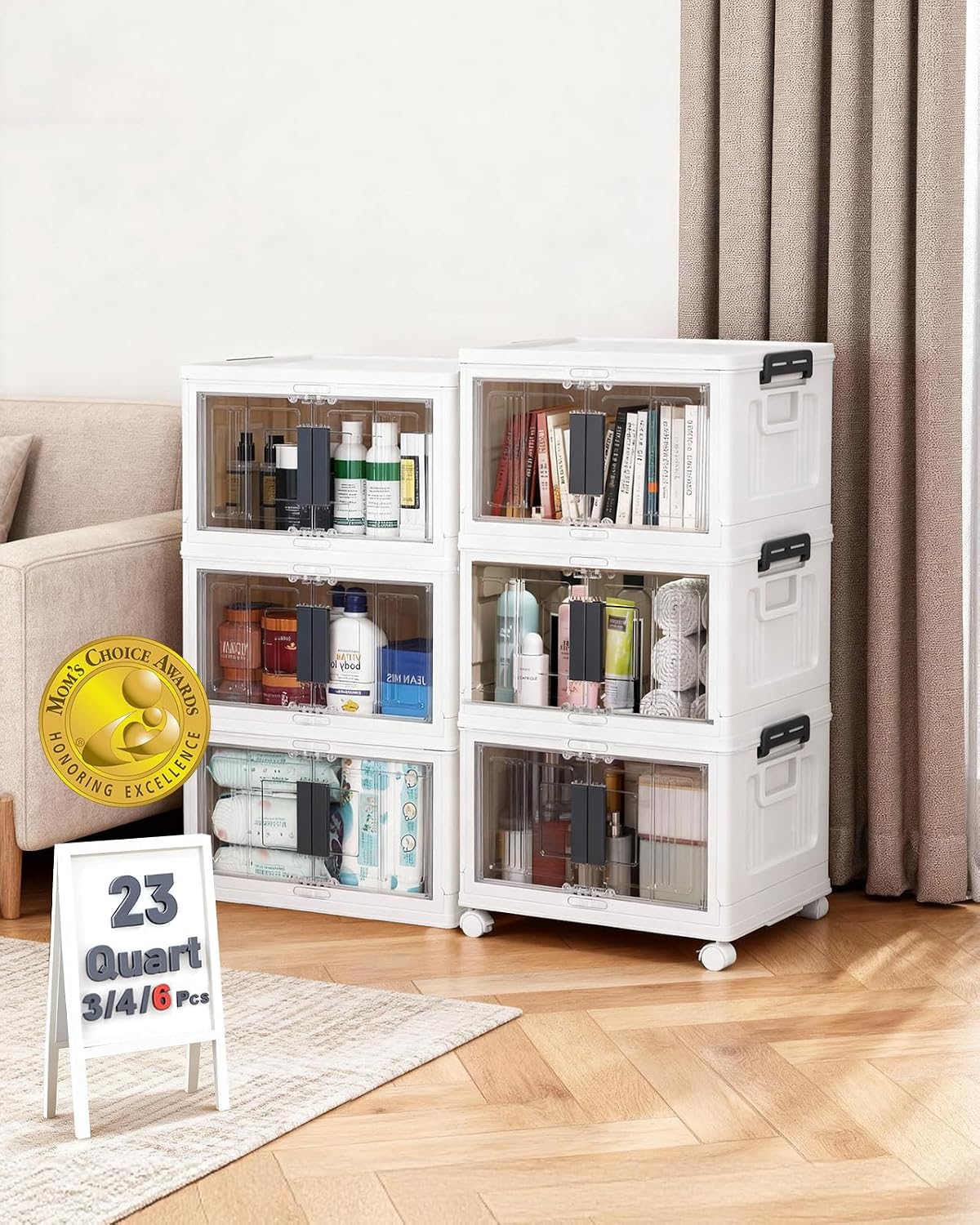 OlarHike 144QT Storage Bins with Lids for Closets, Office, Dorm, 3 Pack | Multi-Lid, Lockable Cabinet, Doors & Wheels, Foldable & Collapsible, Stackable Organizers, Plastic Drawers, School, Game Day