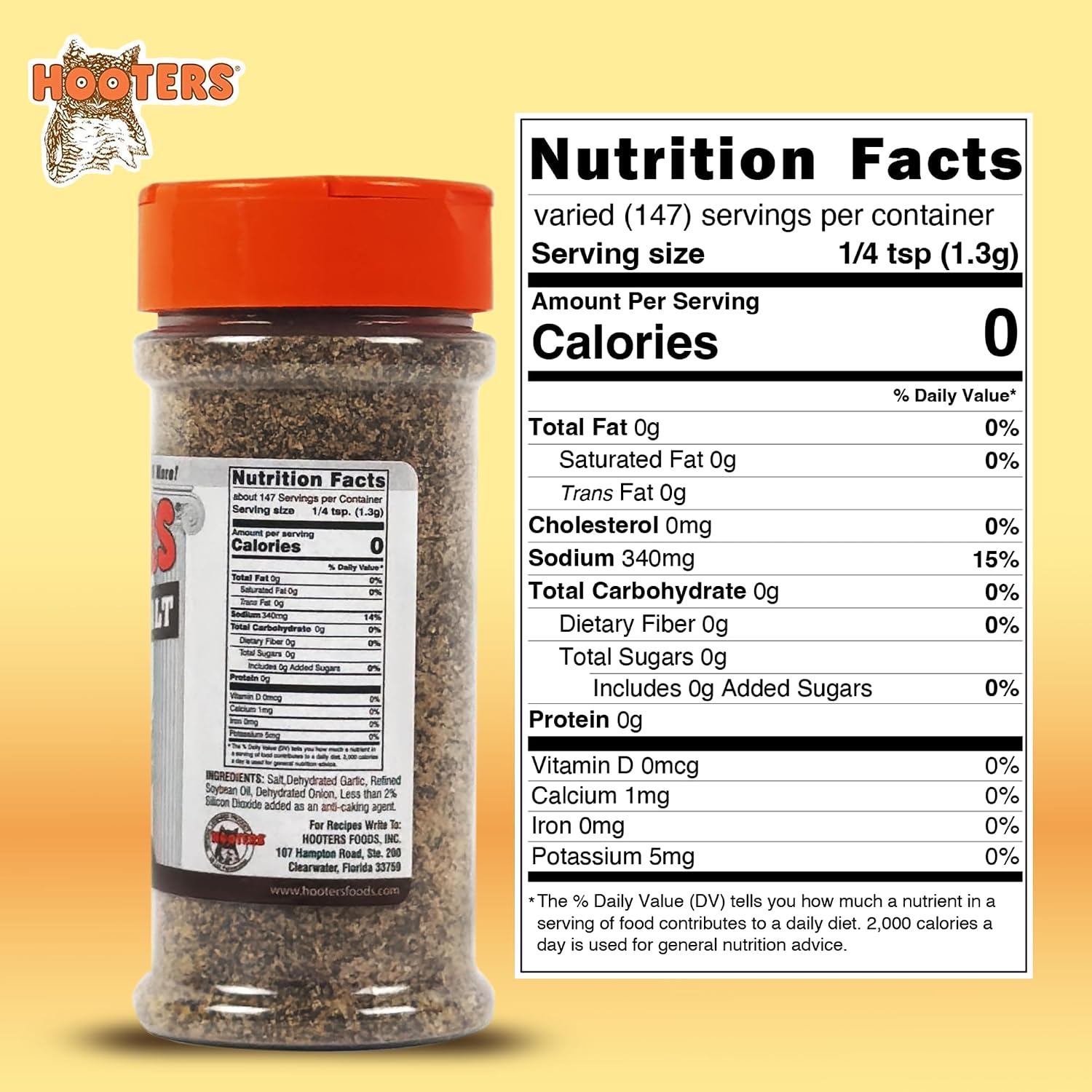 The Original Hooters Seasoning Salt - Onion & Garlic Flavored All Purpose Blend for Meat, Fries, Burger, Seafood, Beef, Salad, Chicken Seasoning - 147 Servings - 6.5 oz