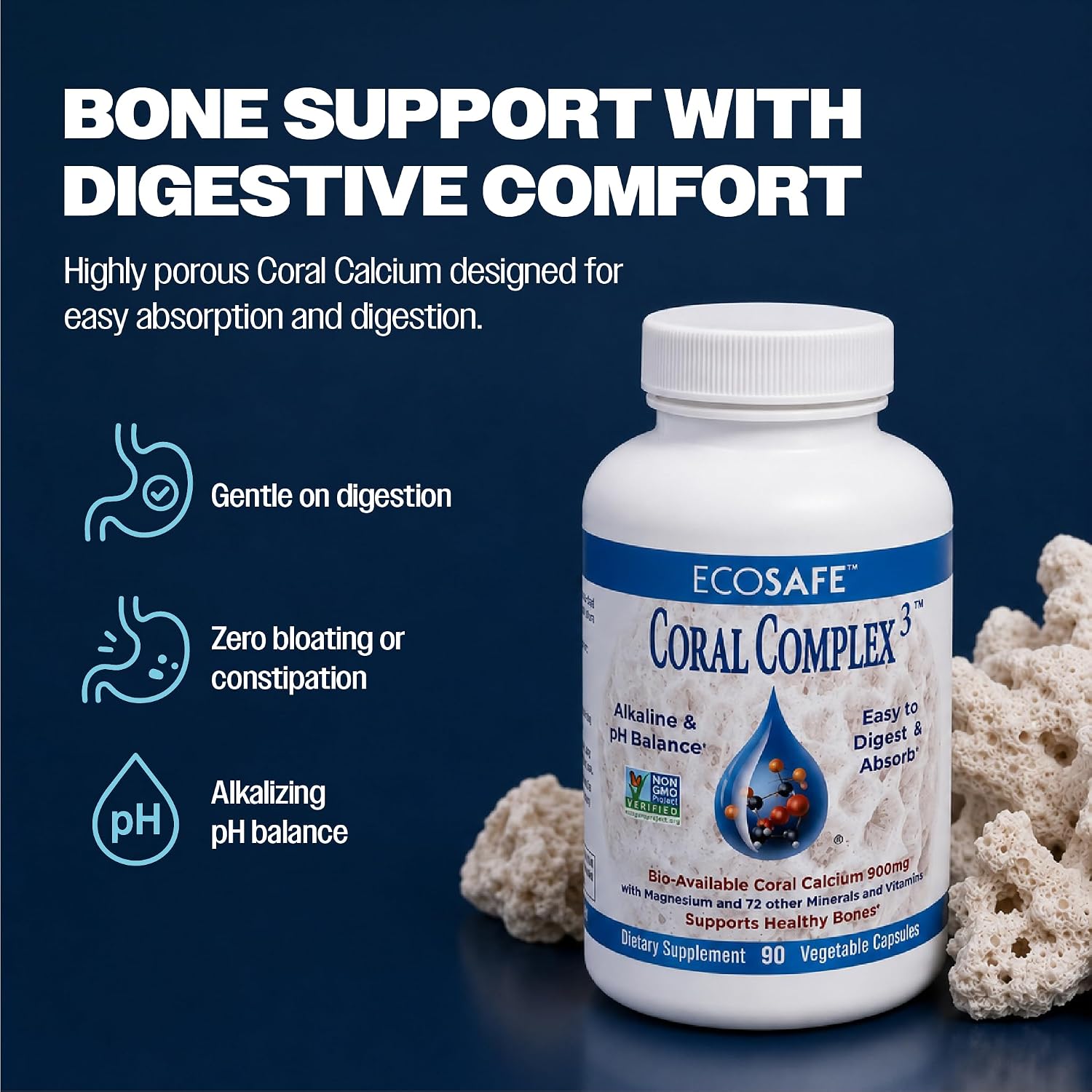 Coral Complex 3 Calcium Supplement Vitamin D3 & Magnesium – 900 mg Bioavailable Coral Calcium for Bone Strength, Joint Support & pH Balance – Trace Minerals, Non-GMO, 300 Veg Capsules