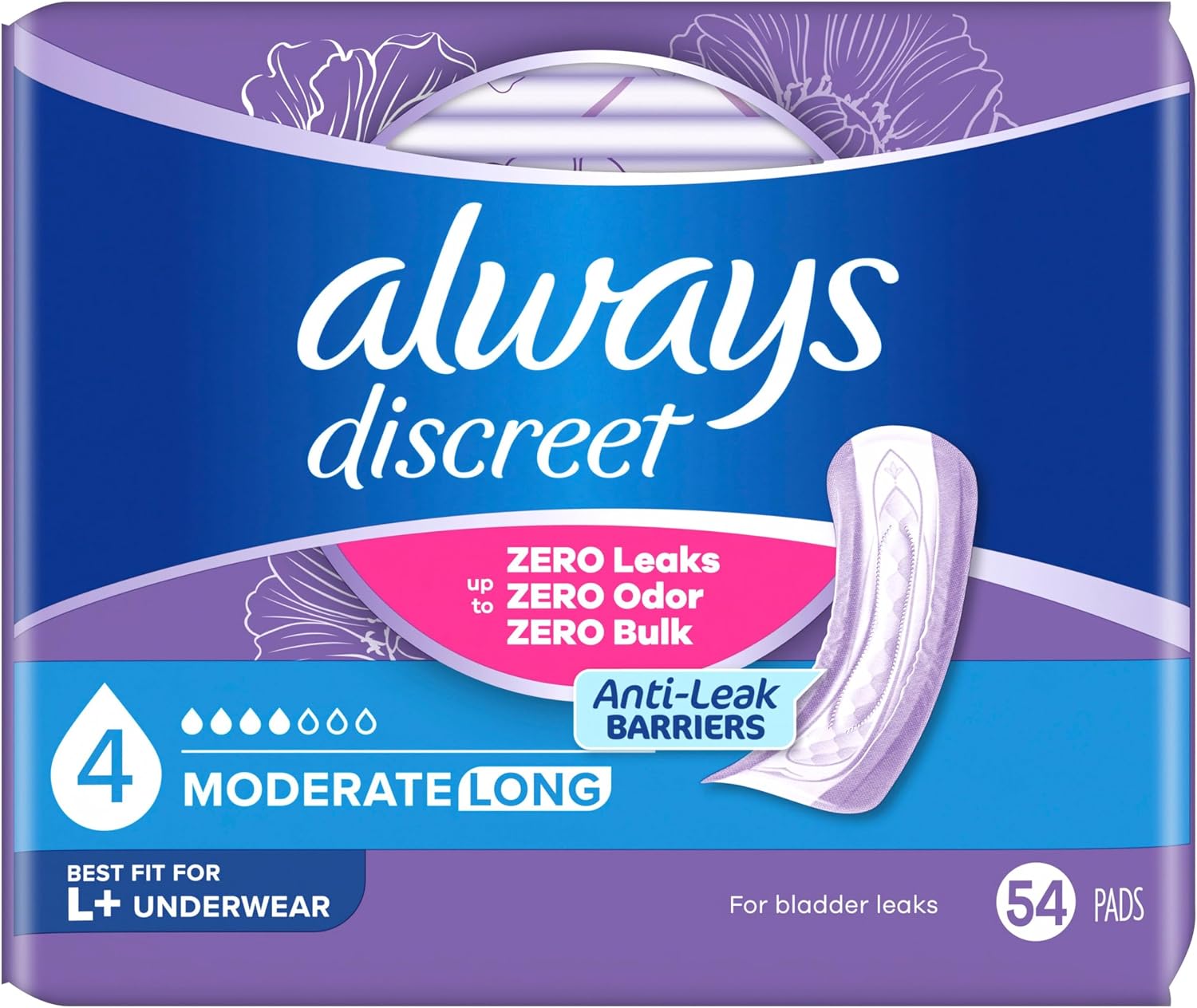 Always Discreet Adult Incontinence Pads for Women, Drier, 4 Drop Long Length, Moderate Absorbency, Pads for Bladder Control Management, Bladder Leaks, & Postpartum Pads, 54ct