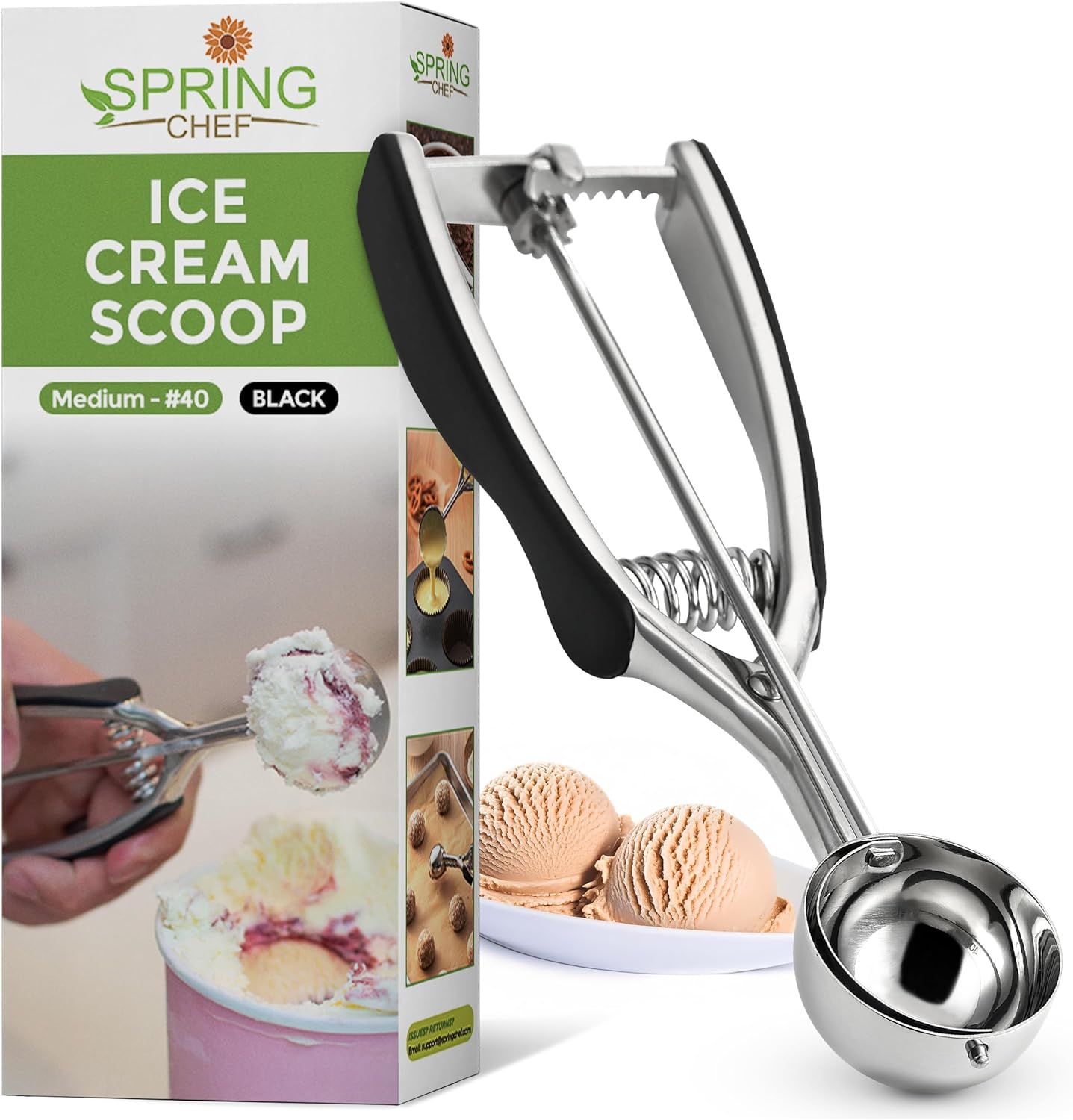 Spring Chef Medium Stainless Steel Cookie Scoop, #40, 1.7 Tablespoon, Black