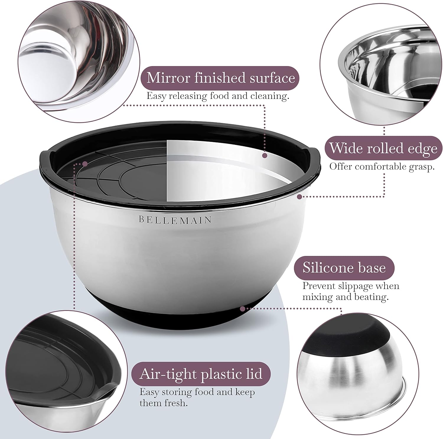 Bellemain Stainless Steel Mixing Bowls with Airtight Lids Set - Set of 5