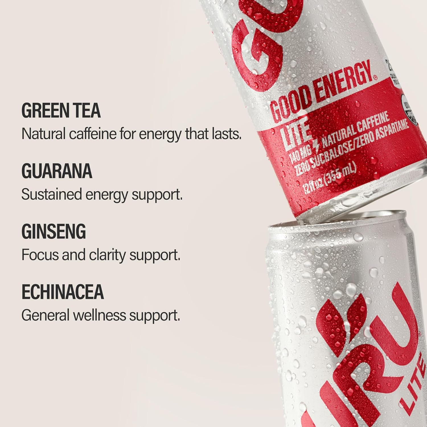 GURU Organic Energy Drink, Lite, Natural Caffeine, 8.4 Fl Oz, 24 Pack | 100 MG Natural Caffeine for Workouts, Performance & Midday Boost