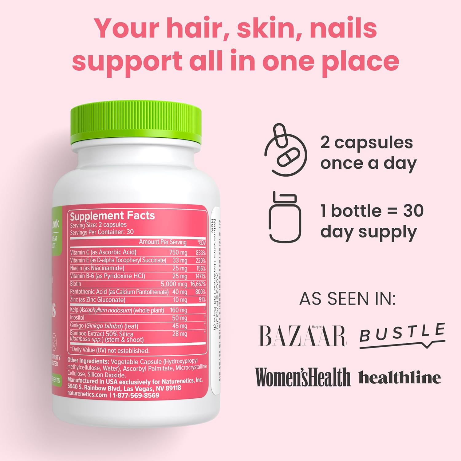 Hair Growth Vitamins for Women & Men - 5000mcg Biotin, 11 Ingredients | Vegan blend with keratin-building nutrients for thicker, fuller hair, plus skin and nail support, 60 capsules
