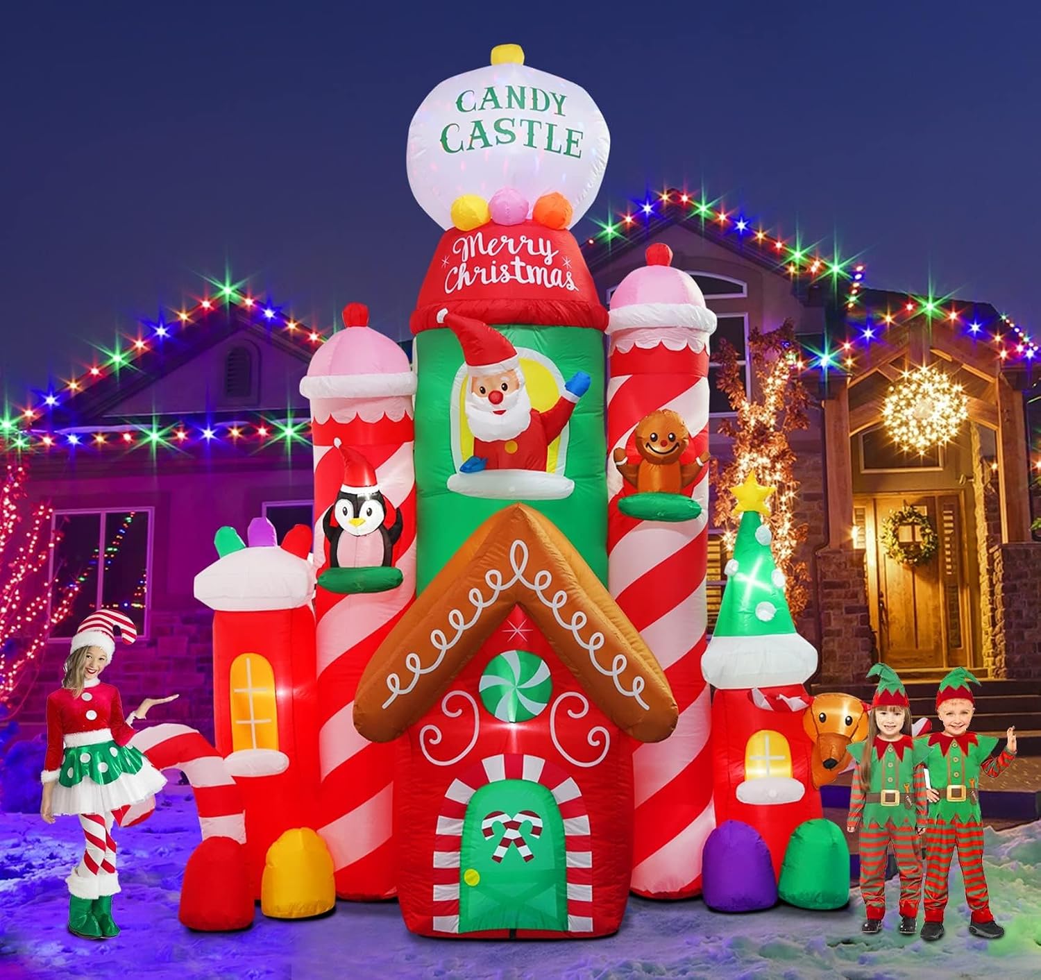 [Flash Light] 10FT Tall Christmas Inflatable Outdoor Decoration Candy Castle with Santa Gingerbread and Penguin