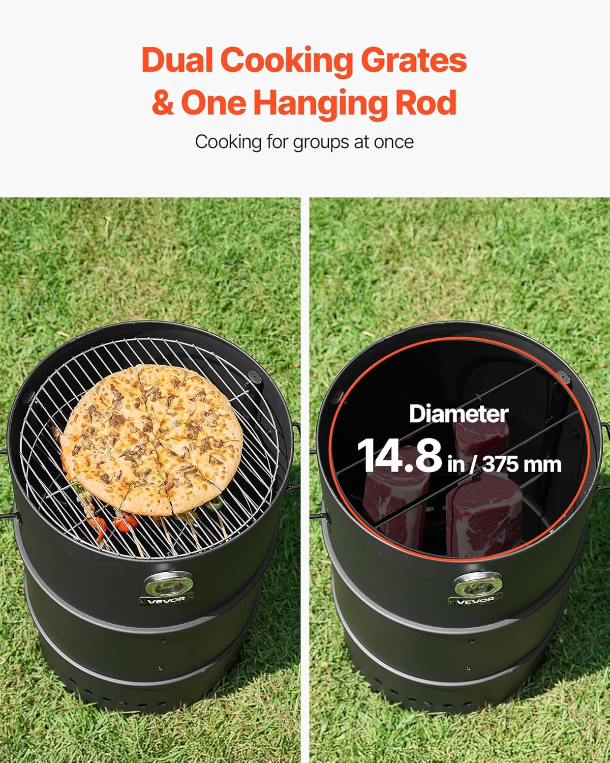 VEVOR Charcoal Smoker Grill, 18.5" Barrel Charcoal BBQ Smoker, Coated Steel Outdoor Barbecue Grill with 2 Grilling Grates, 1 Hanging Rod