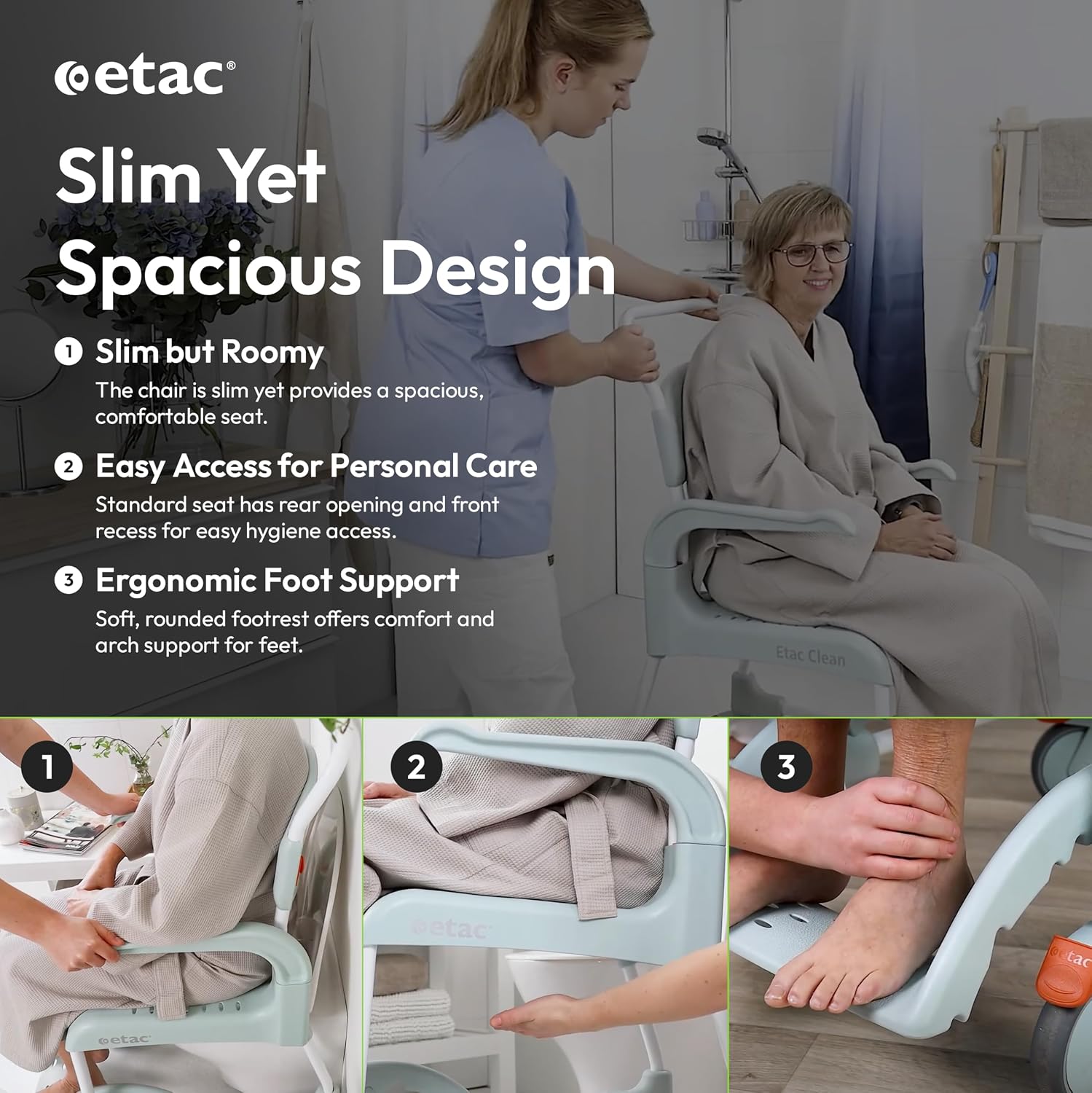 Etac Clean 24" Self-Propelled Shower Chair with Wheels - 21 3/4 Inch Fixed Height with 24 Inch Rear Wheels - Shower Wheelchair for Elderly and Disabled - Movable Armrest & Ergonomic Footrest