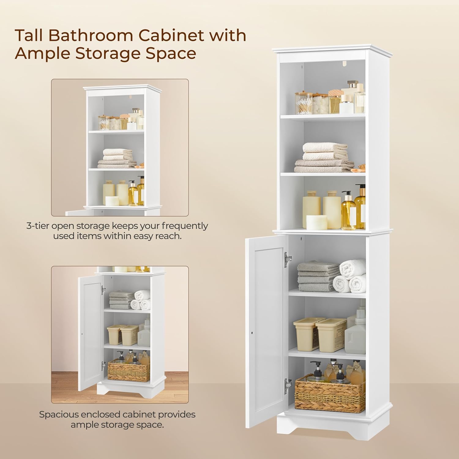 Yaheetech Tall Narrow Bathroom Storage Cabinet with Door and Shelves, White | Linen Closet for Towels, Toiletries and Laundry, Open Display Shelves