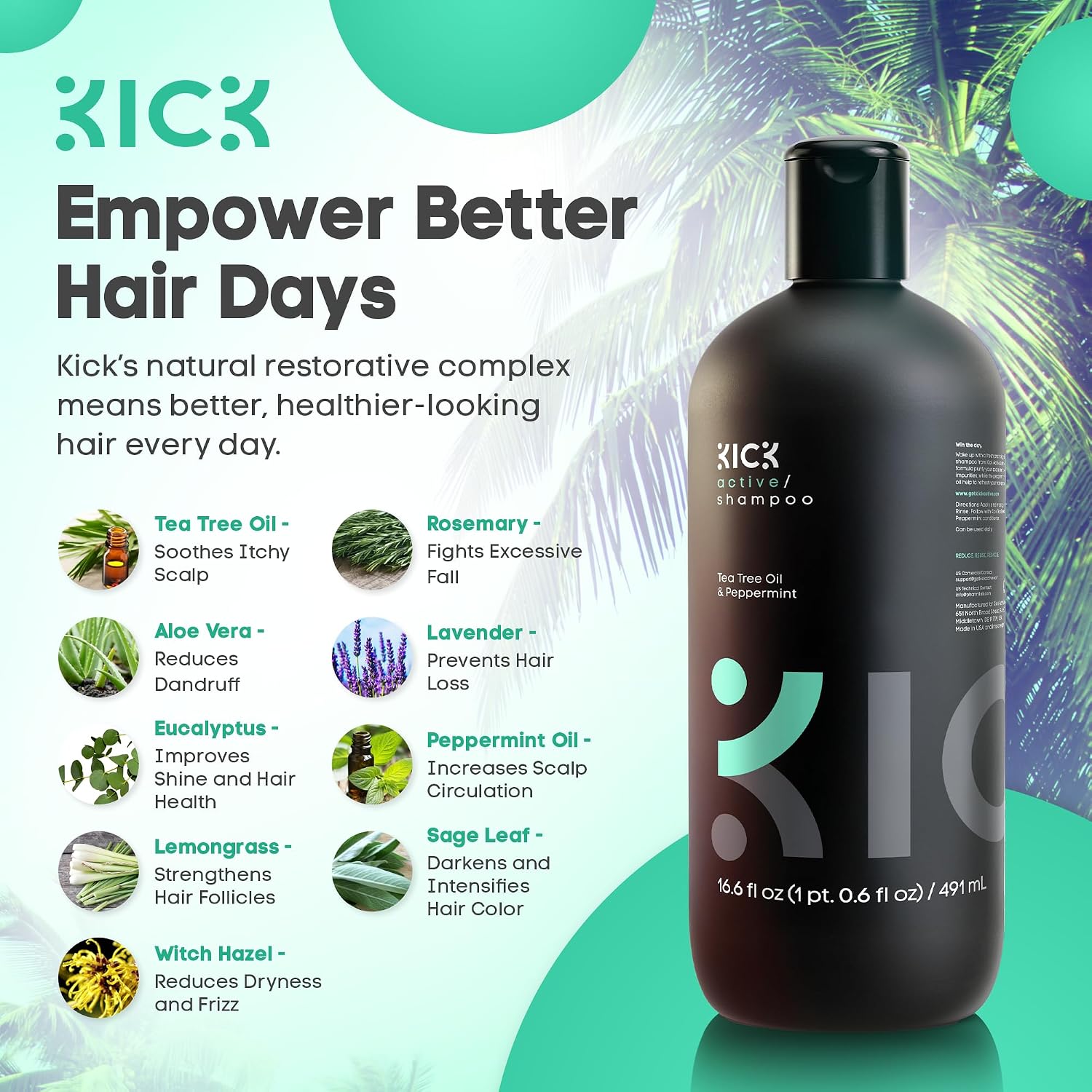 Kick Mens Shampoo - Peppermint & Tea Tree, Anti-Dandruff for Oily Hair | Oil Control & Scalp Soothing - Itchy Scalp Relief - Sulfate-Free