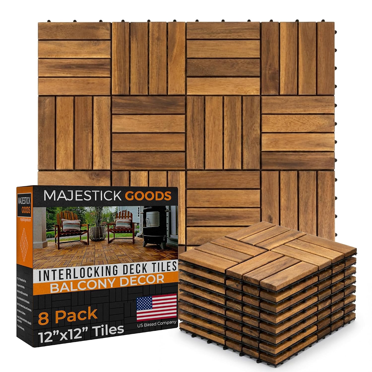 Majestick Goods 8-Pack Slat Acacia Wood Interlocking Deck Tiles