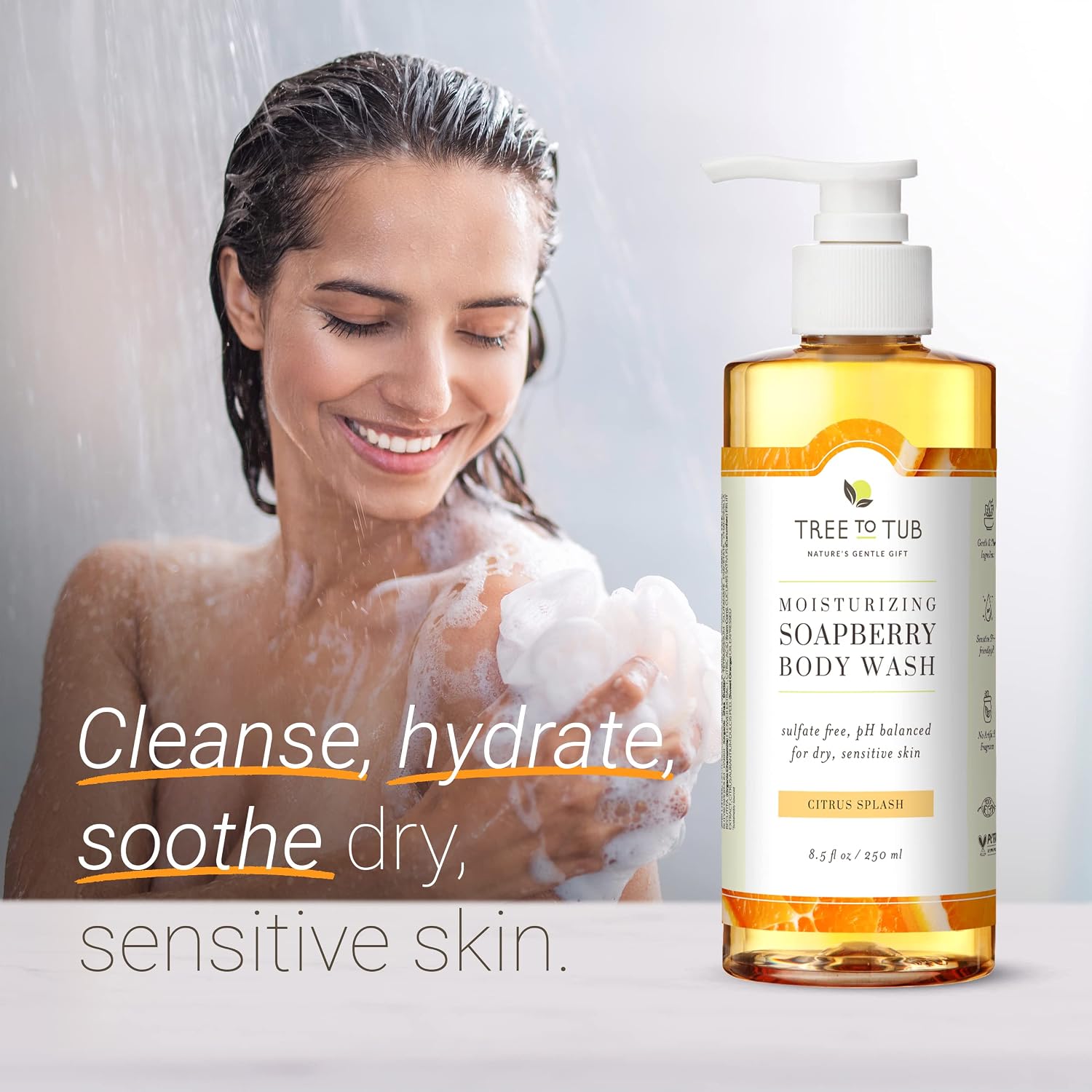 Tree To Tub Soapberry Body Wash for Dry, Sensitive Skin, pH 5.5, 8.5 Fl Oz | Sulfate & Paraben-Free, Rich Lather, Fragrance-Free, Shea Butter & Aloe Vera, Vegan & Cruelty-Free, Gentle for Daily Use