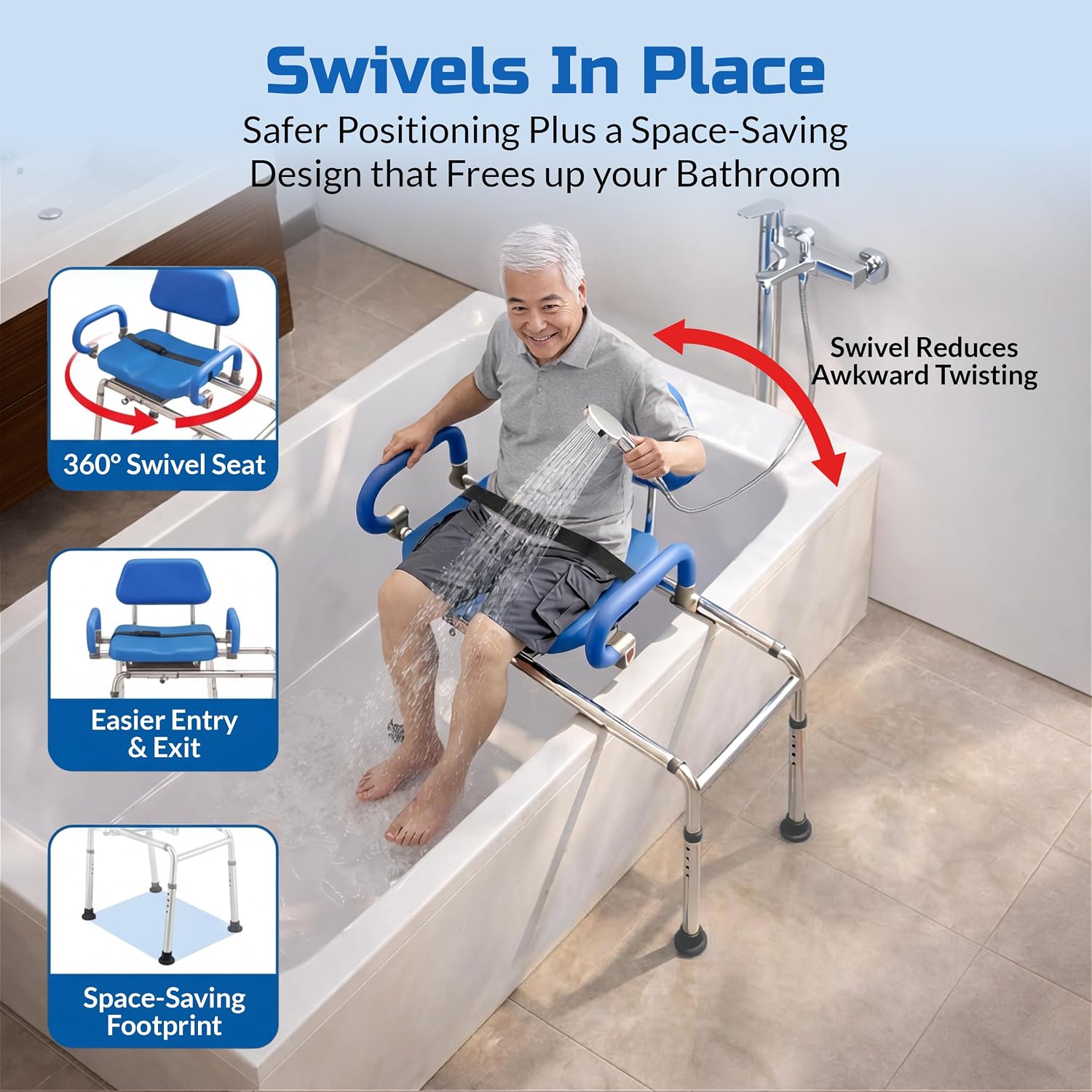Carousel Sliding Shower Chair Tub Transfer Bench with Swivel Seat Elderly | Slide Safely In & Out of the Tub - Blue, padded seat, padded armrests, swivel seat, backrest, portable, tool-free assembly