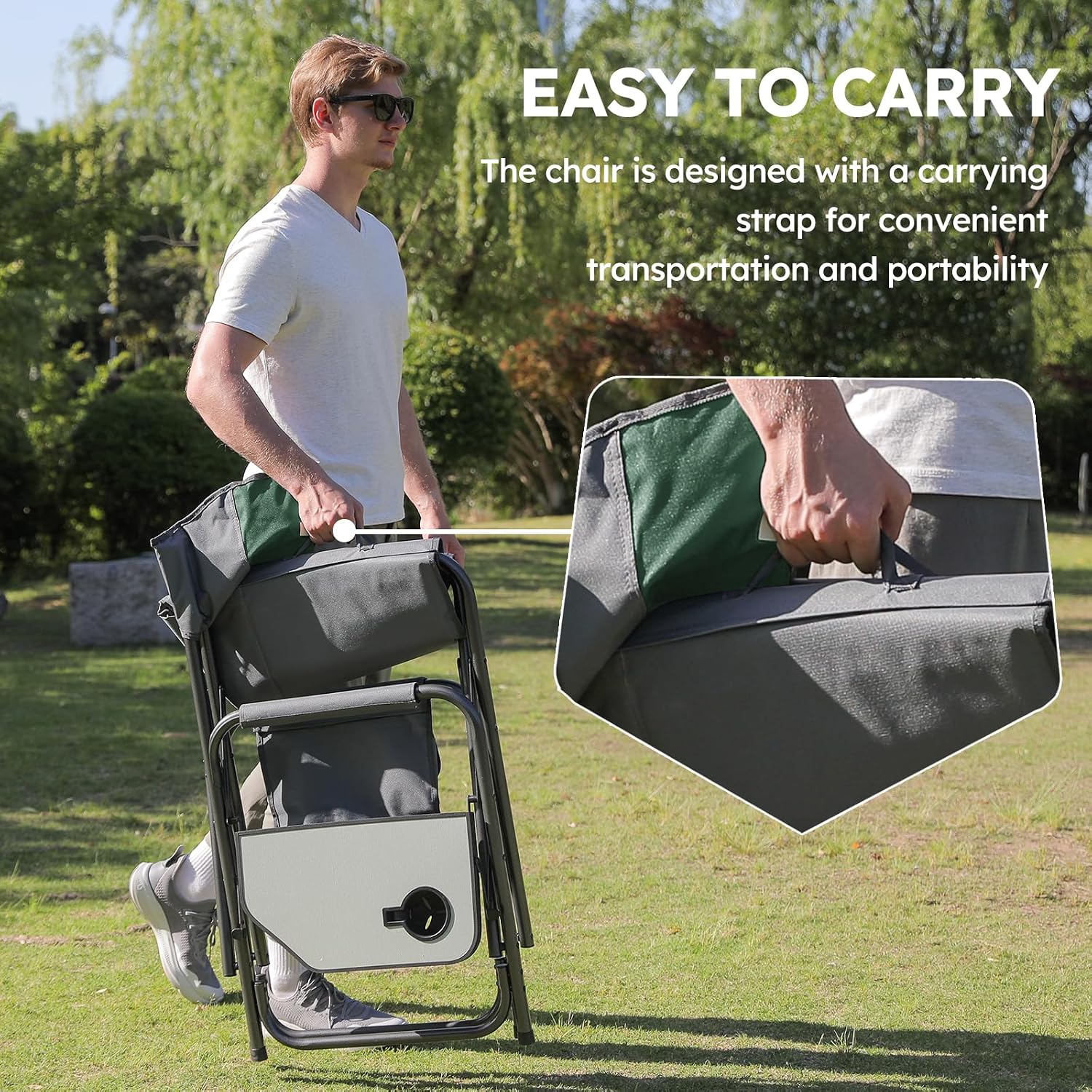 Colegence Oversized Directors Camping Chair for Adults, 600 lb, Black | Heavy duty folding outdoor chair with 28" wide seat, supportive back, side table, cup holder and detachable storage pocket