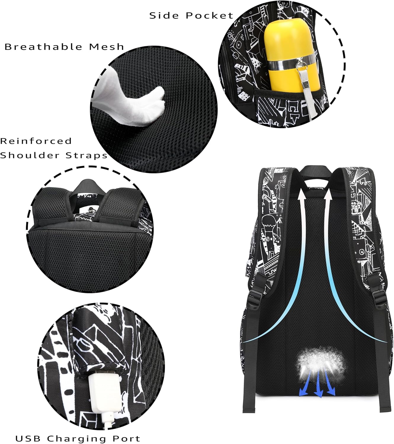 Asge Large Nylon Backpacks for Boys & Girls, Waterproof Satchel with Print, School Bags for 8-16 Years
