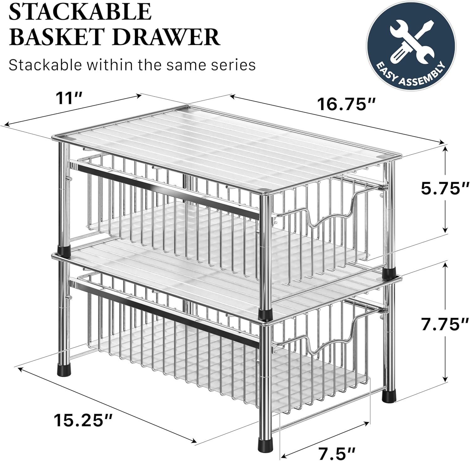 Simple Houseware Stackable 3 Tier Sliding Basket Organizer Drawer, Chrome