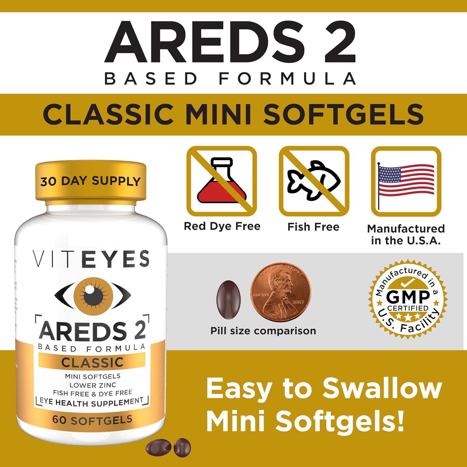 Viteyes AREDS 2 Classic Macular Health Formula Softgels, Eye Health Vitamin to Support Macular Health, Lower Zinc, Eye Vitamins, Macular Vitamins, Beta-Carotene Free, 180 Softgels