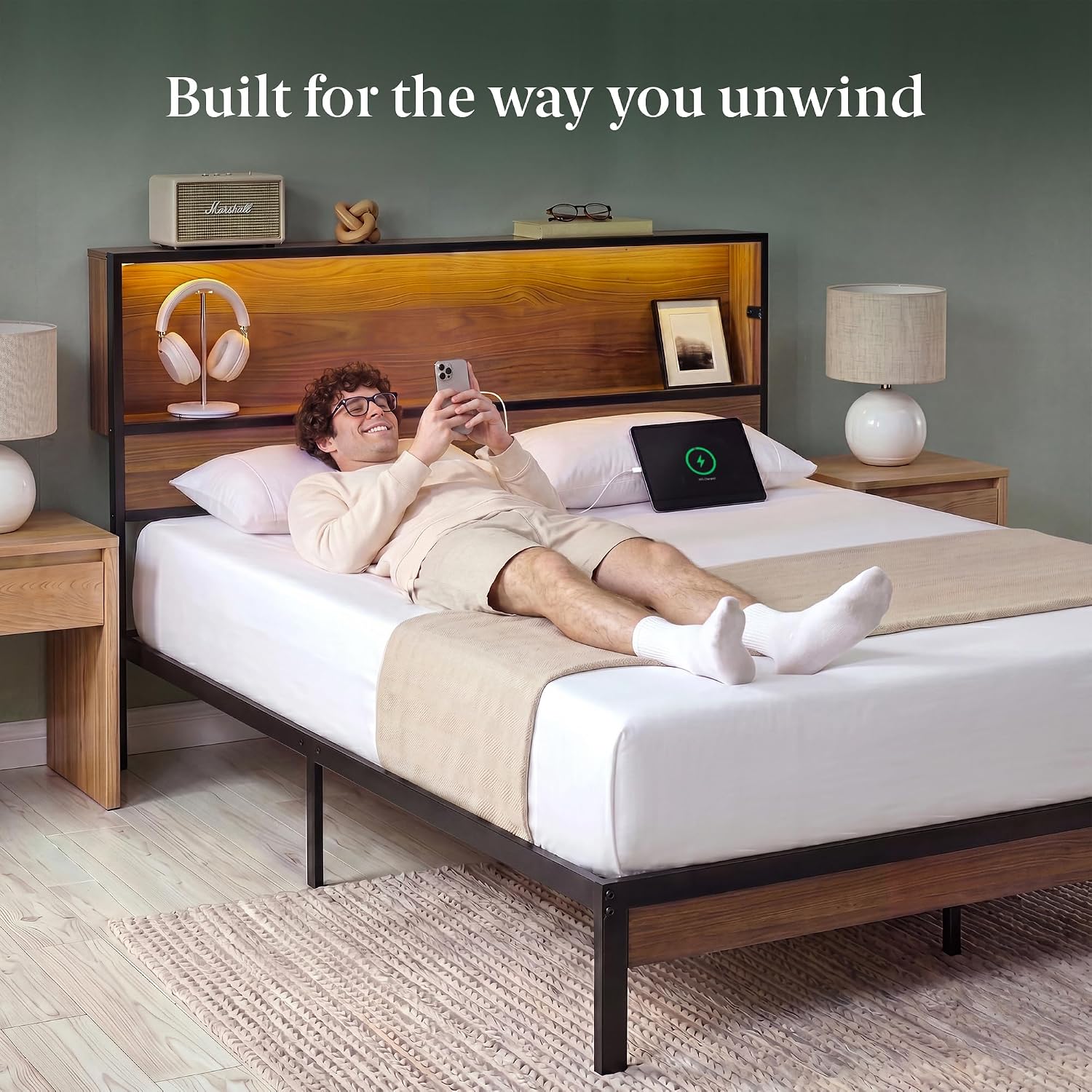 Zinus Kai Platform Bed Frame, RGB LED Lights, No Box Spring Needed, Full | Two-Tier Headboard for Space-Saving Storage, Built-in USB Charging Station, Soft Ambient Night Light