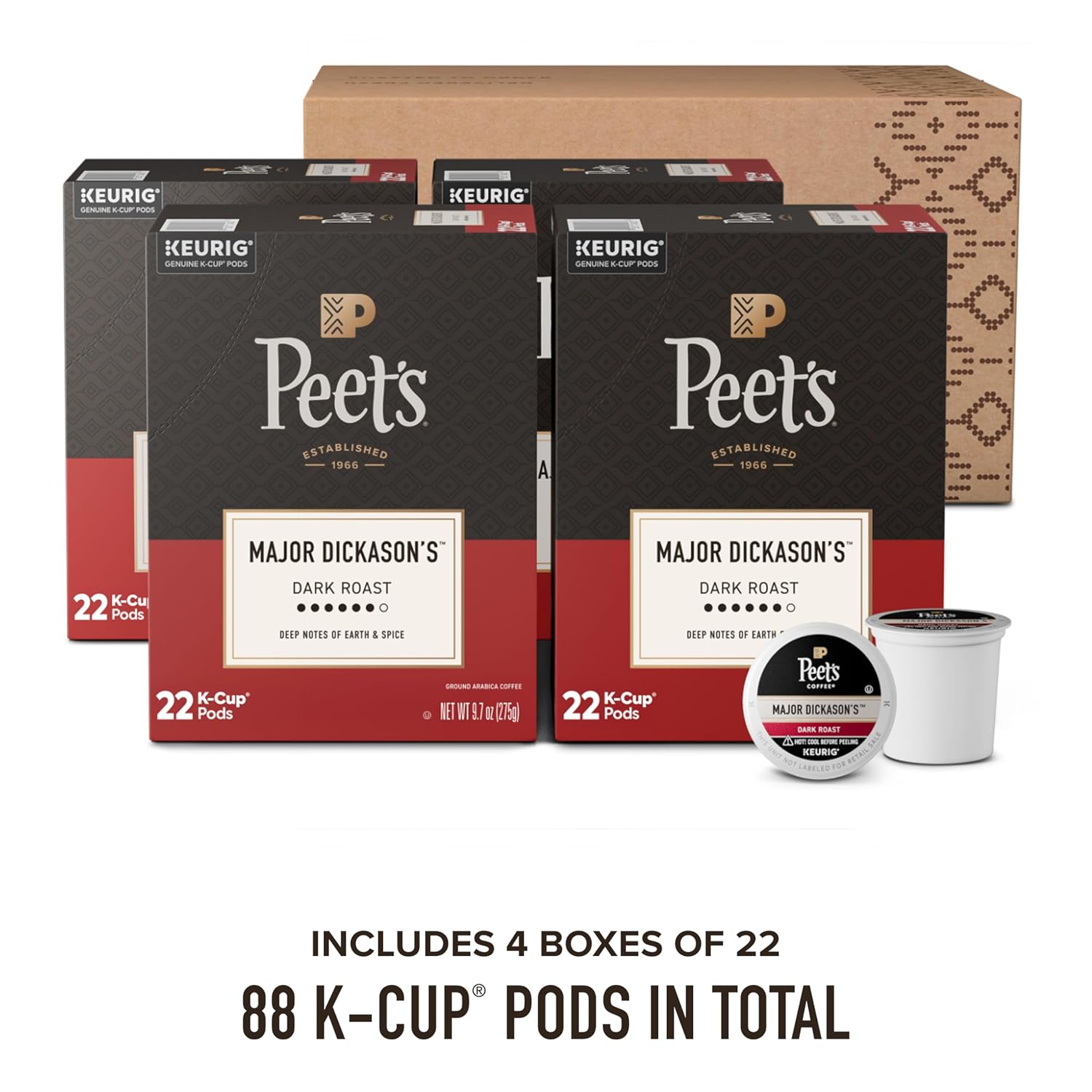 Peet's Coffee, Dark Roast Keurig K-Cup Pods, 100% Arabica Coffee - Major Dickason's Blend 32 Count (1 Box of 32 K-Cup Pods)
