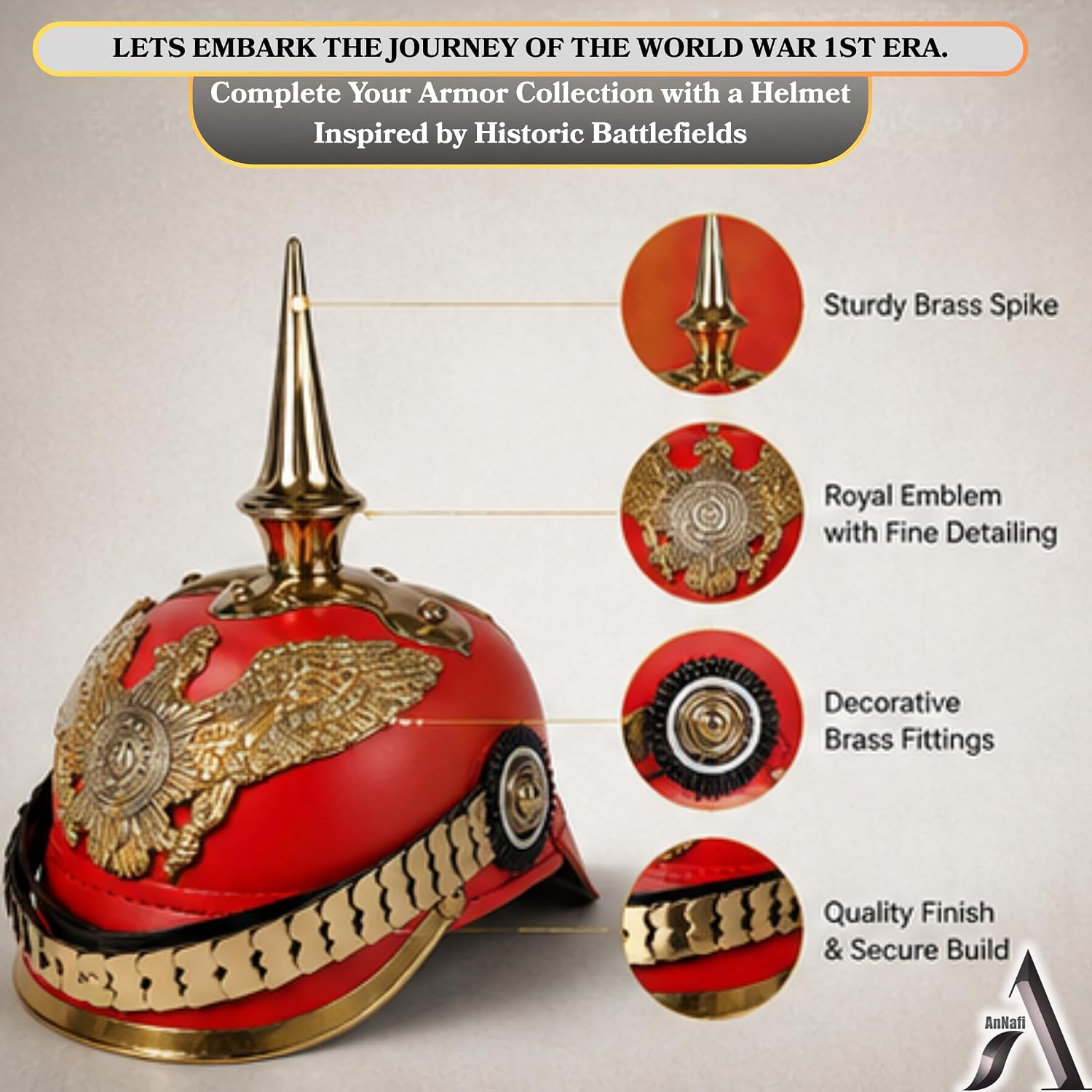 AnNafi Red German Pickelhaube Helmet, Leather Pickelhauben Imperial Prussian Helmet, Brass Military Officer Spiked Men’s Costume