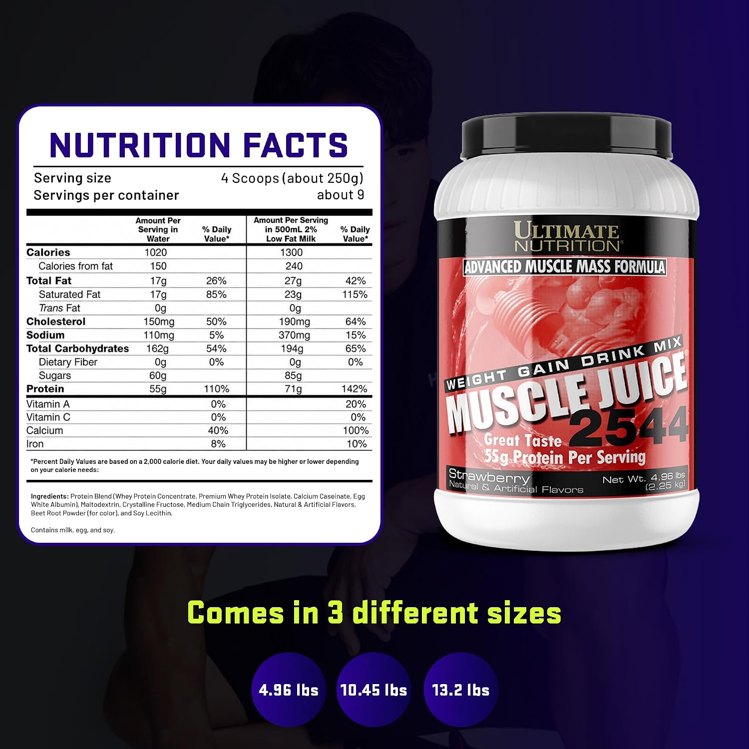 Ultimate Nutrition Muscle Juice 2544 Mass Gainer, Vanilla, 4.96 lb | 55g Protein Blend, 162g Carbs, 17g Fat, 1020 Calories, High Calorie Weight Gainer For Muscle Growth And Recovery