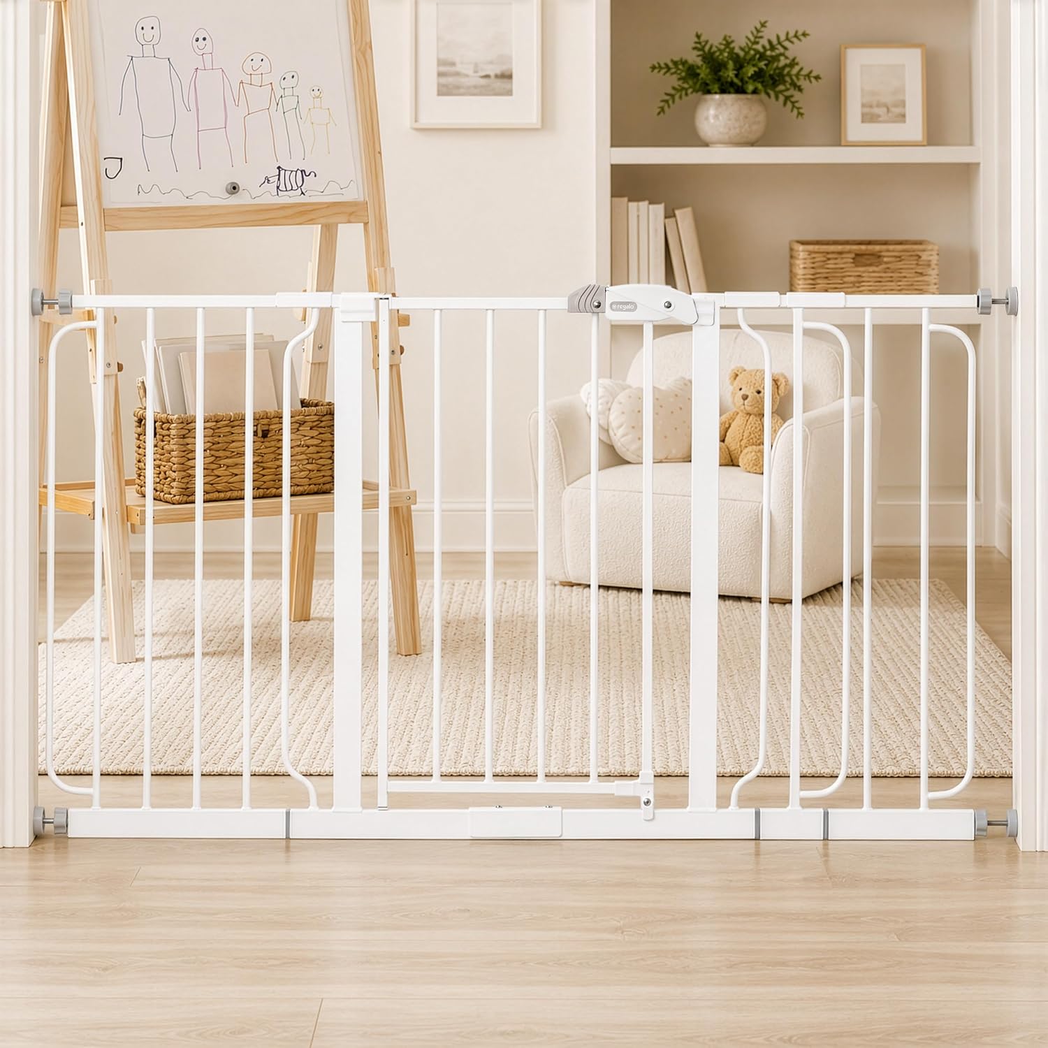 Regalo Safety 29"-49" Extra Wide Baby Gate, Bottom of Stairs & Doorways | Pressure Mounted with Door, For Babies, Toddlers & Pets, White, Tested & Trusted for 30 Years