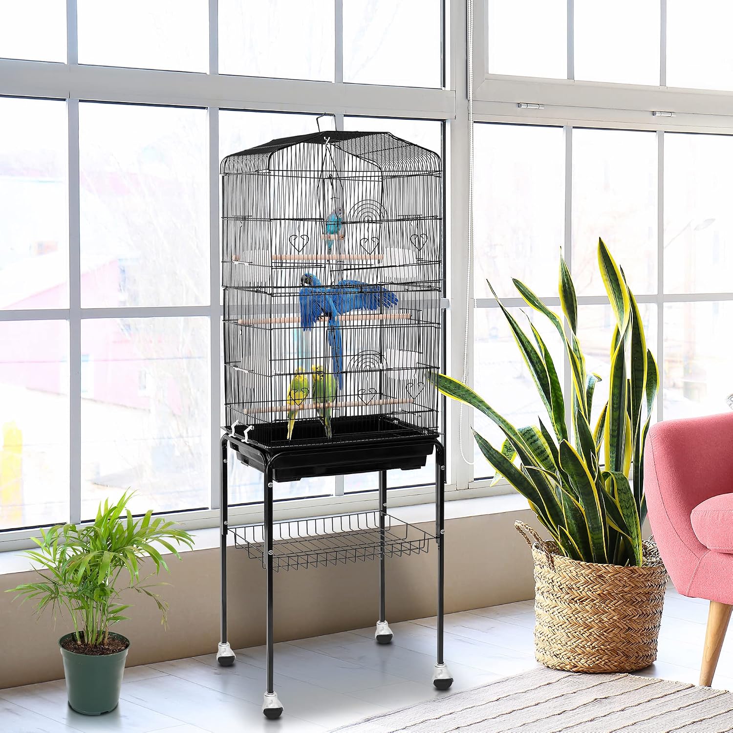 SUPER DEAL 59.3 Rolling Bird Cage Large Wrought Iron Cage for Cockatiel Sun Conure Parakeet Finch Budgie Lovebird Canary Medium Pet House with