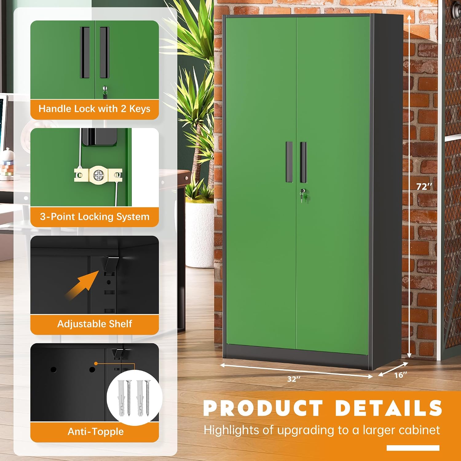 Greenvelly Steel SnapIt Storage Cabinet, 72" Locking Metal Garage Storage Cabinet with 4 Adjustable Shelves, 2 Doors and Lock for File, Office, Garage