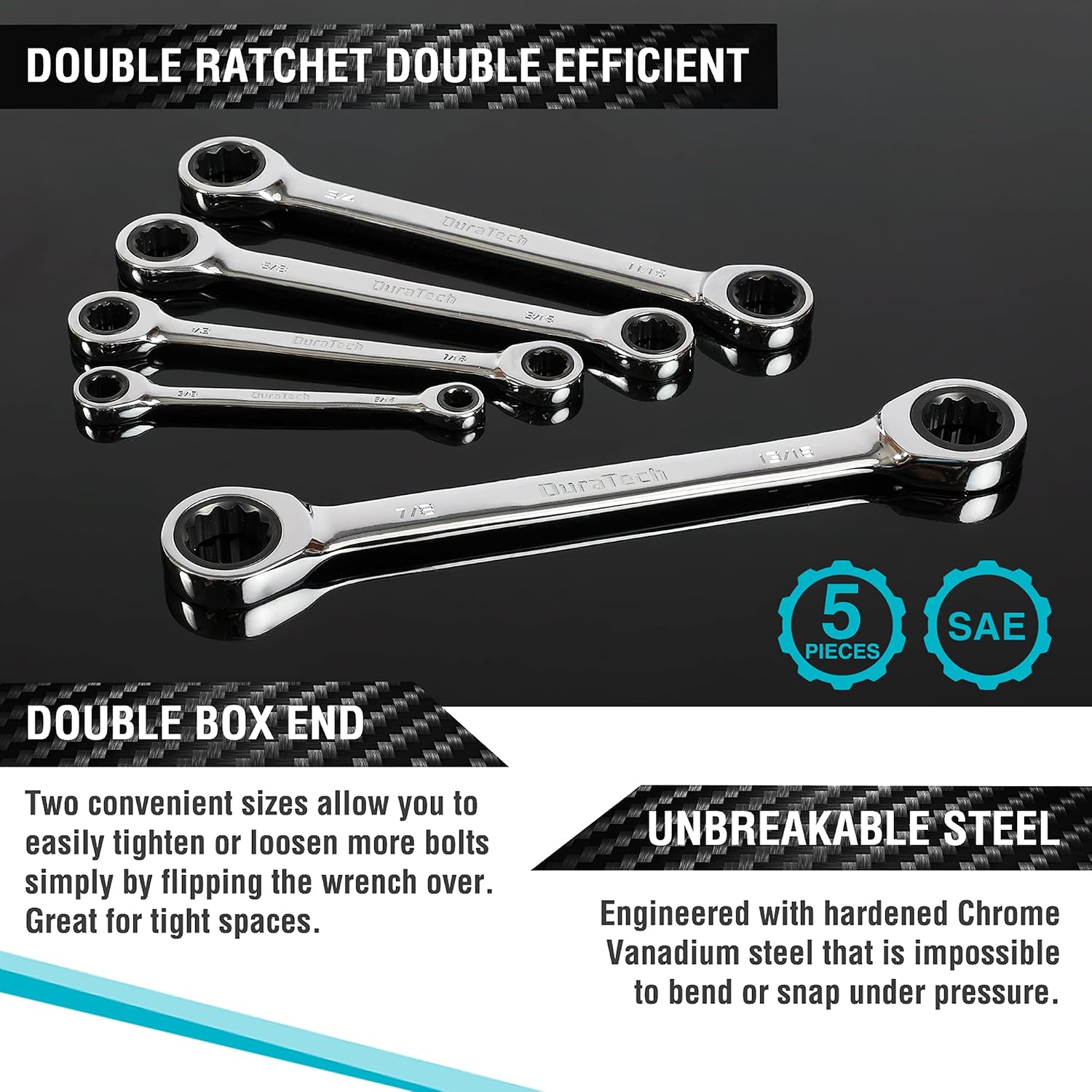 DURATECH Double Box End Ratcheting Wrench Set, SAE, 5-Piece, 5/16" to 7/8"