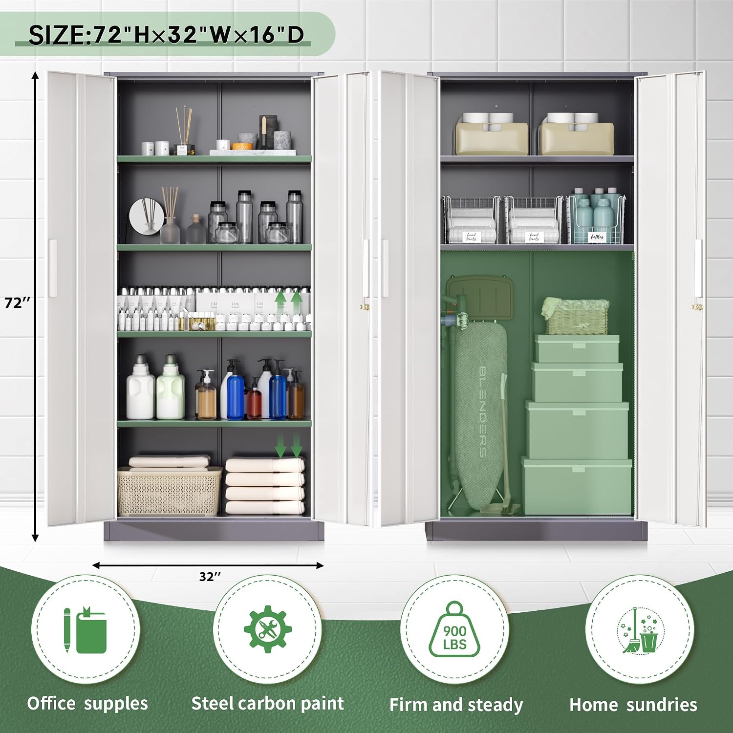 Greenvelly Steel SnapIt Storage Cabinet, 72" Locking Metal Garage Storage Cabinet with 4 Adjustable Shelves, 2 Doors and Lock for File, Office, Garage