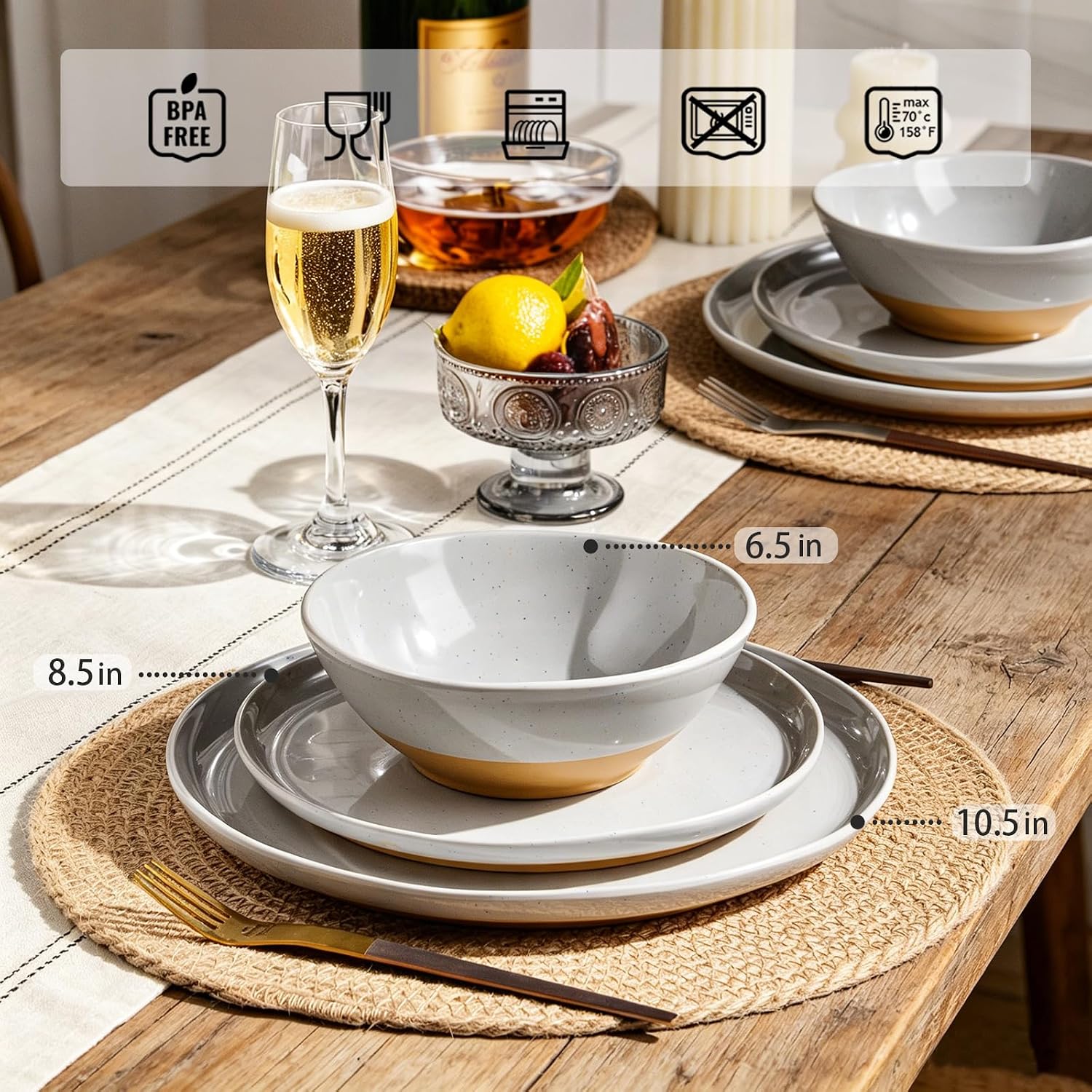 Melamine Dinnerware Sets, Plates and Bowls Sets 12 Pcs, Melamine Plates, Dish Set for 4, Unbreakable Dinnerware Set for Party, BPA Free