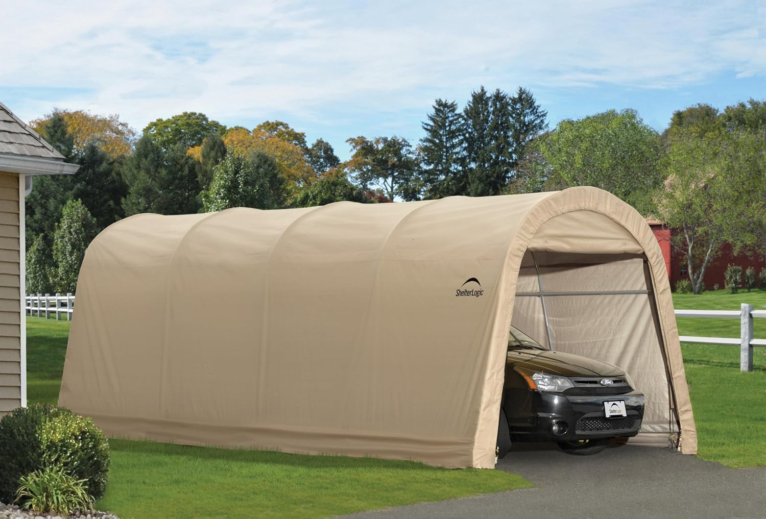 ShelterLogic 10' x 15' x 8' All-Steel Metal Frame Round Style Roof Instant Garage and AutoShelter with Waterproof and UV-Treated Ripstop Cover