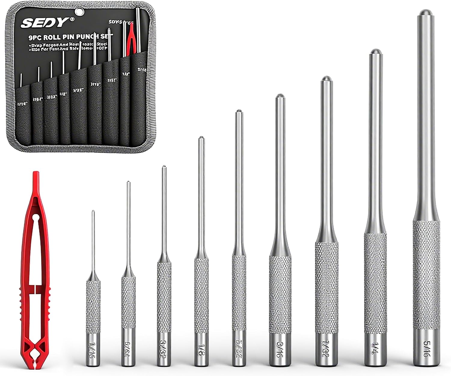 9-Piece Roll Pin Punch Set - Fast Pin Removal - Durable Steel & Construction - For Automotive, Firearm Maintenance, Watch
