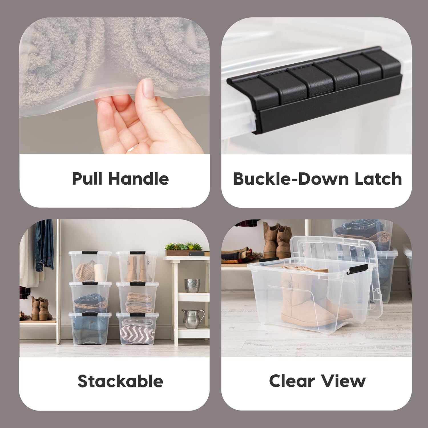 IRIS USA 6-Pack 54 Quart Storage Bins with Lids, Clear | Transparent design makes contents easy to find. Perfect for moving, blankets, clothing, and garage storage. Nestable design