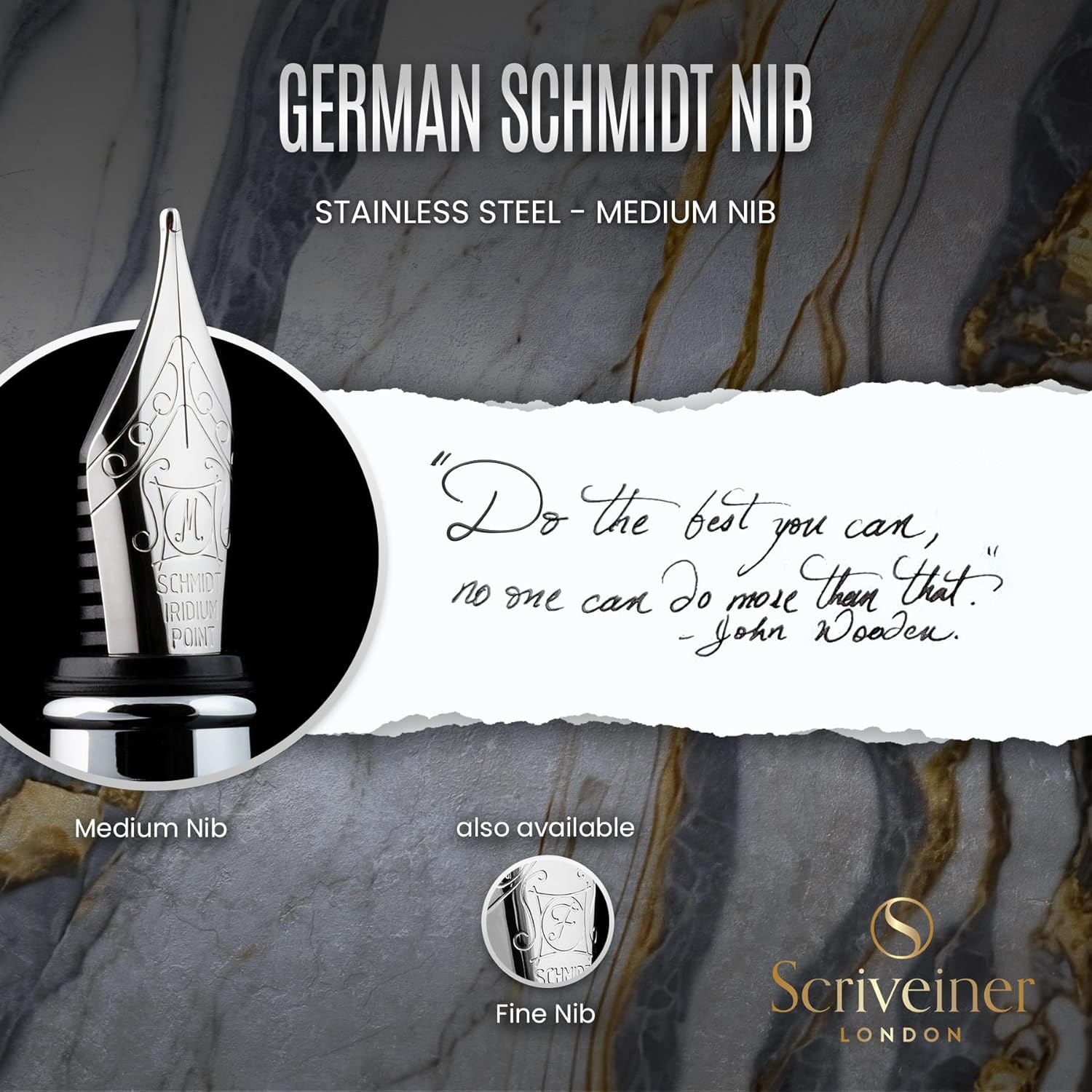 Scriveiner Silver Chrome Fountain Pen - Stunning Luxury Pen, Real Gold Finish Schmidt Gilded Nib (Medium), Best Pen Gift Set for Men & Women