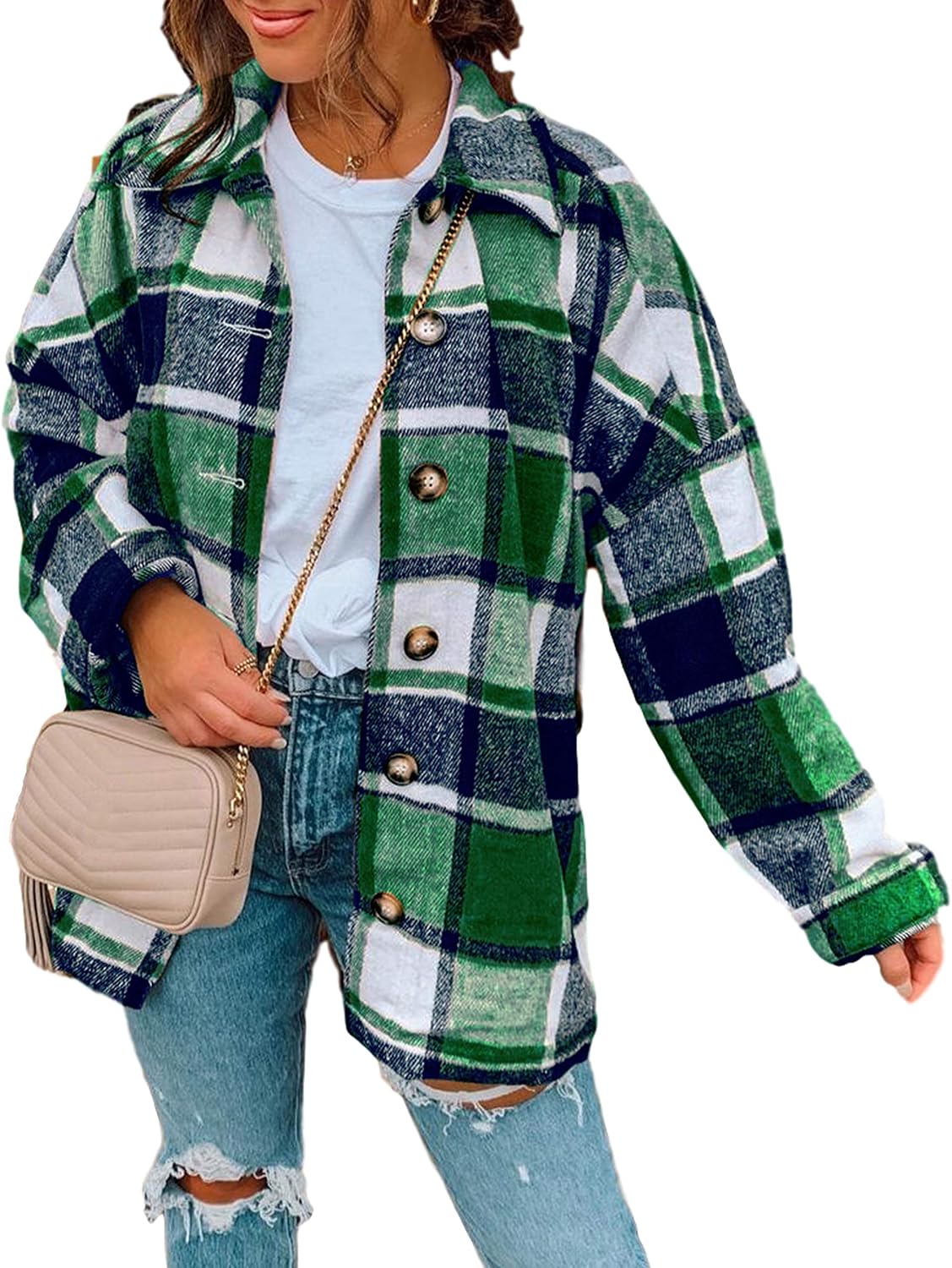 Yeokou Women's Plaid Flannel Shacket Oversized Button Down Long Sleeve Shirt Jacket Casual Spring Fall Outfits