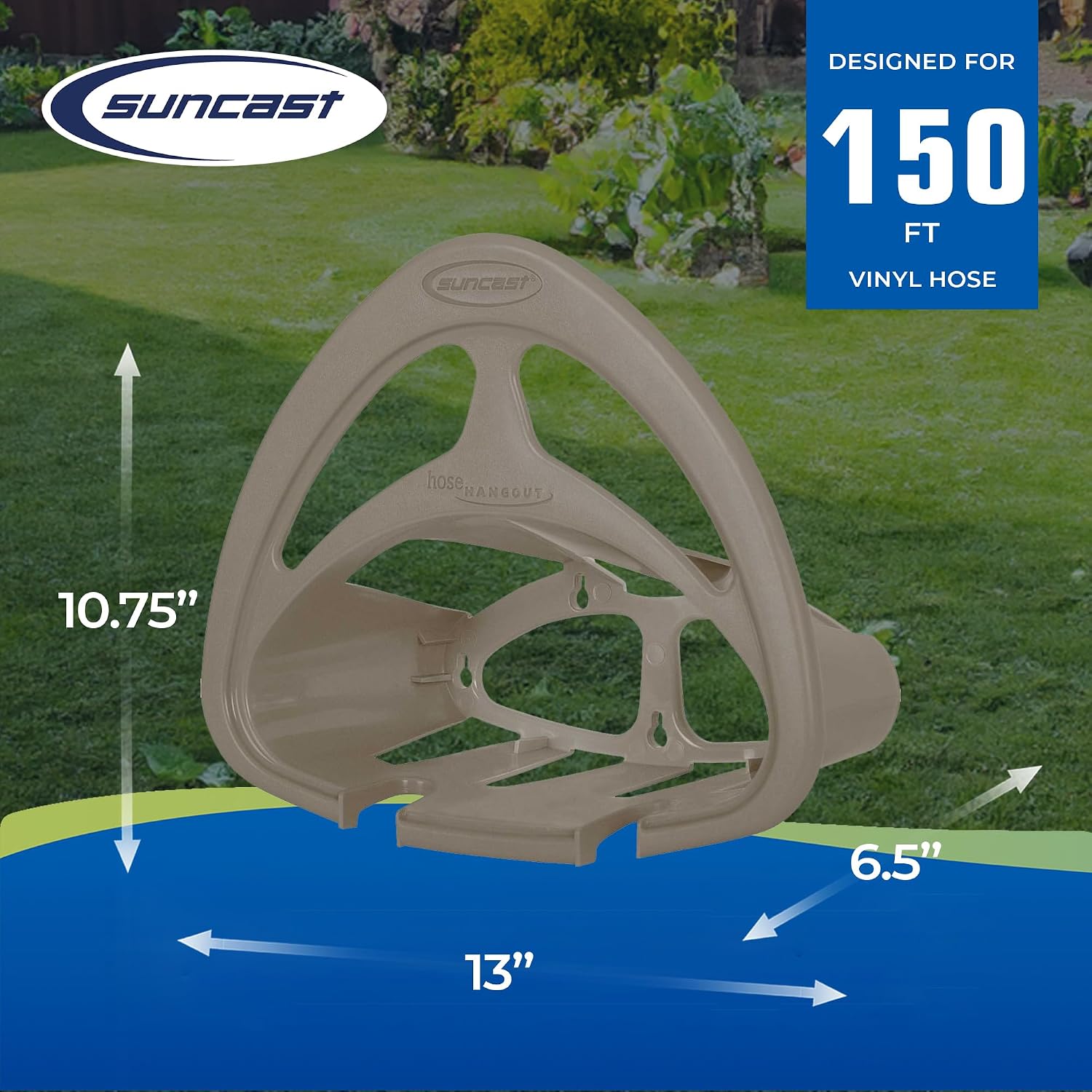 Suncast Hangout HH150 Outdoor Wall Mounted Durable Resin Garden Hose Holder with Accessories Shelf, Designed for 150 Foot Garden Hoses, Taupe, 1 Pack