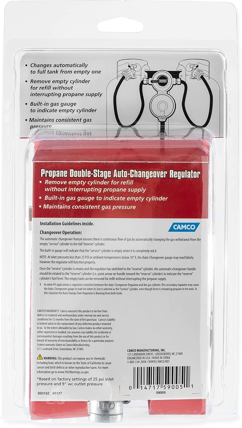 Camco Propane Double-Stage Auto-Changeover Regulator | Features Auto Switch Over from Empty to Full Propane Tank | Ideal for Refilling Propane