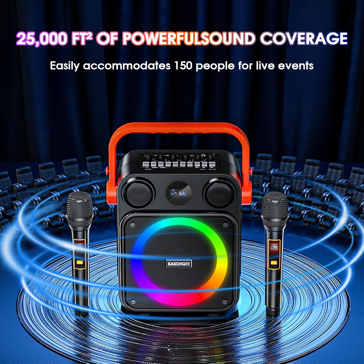 Karaoke Machine with 2 Wireless Microphones for Adults & Kids, 8000mAh Portable Bluetooth Speaker PA System with Lights, Supports AUX in/TF Card/FM/REC, Microphone Speaker Set for Home Party, Outdoor