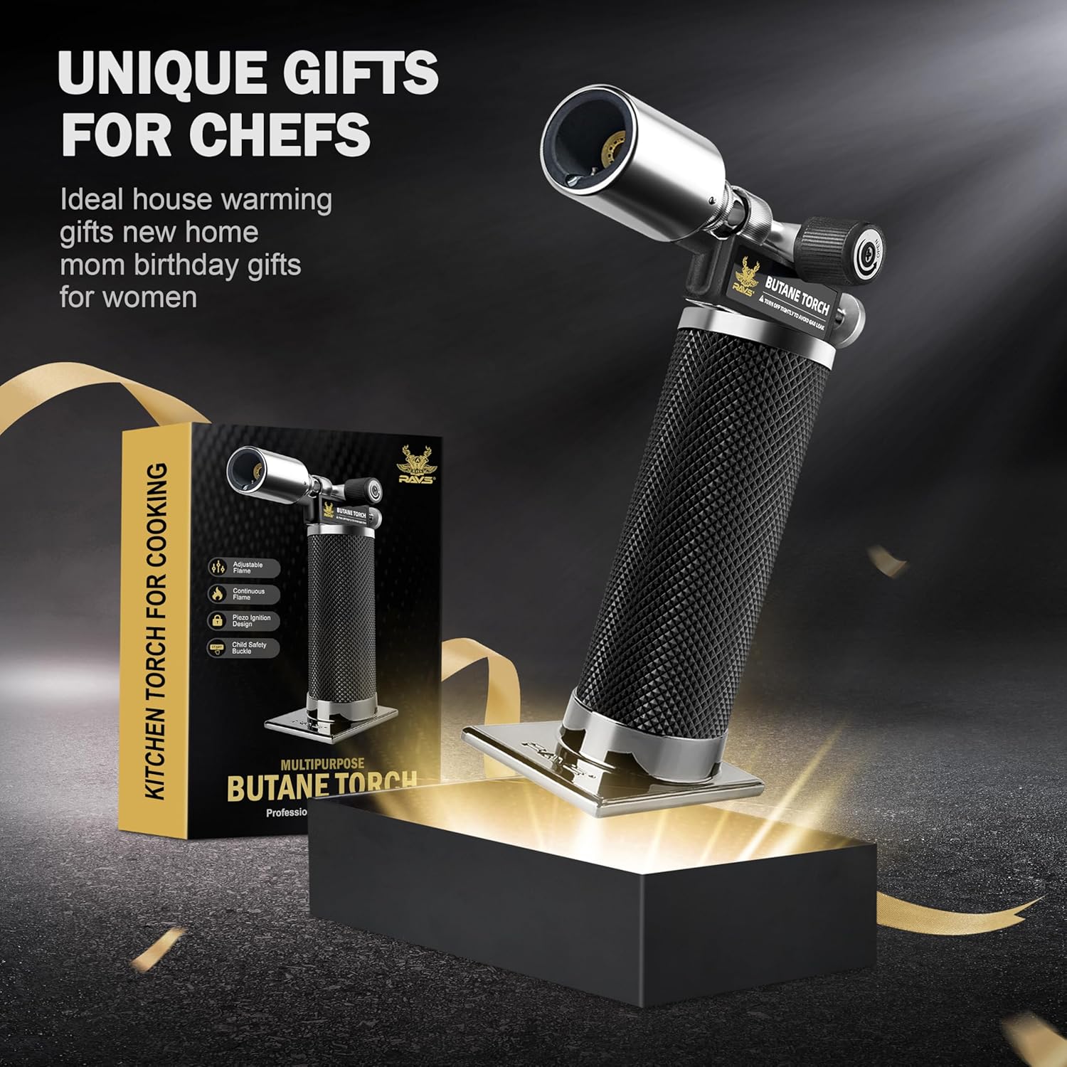 RAVS Butane Torch Lighter, Premium Metal Kitchen Torch with Adjustable Flame & Safety Buckle, Refillable Creme Brulee Torch for Baking, BBQ, DIY