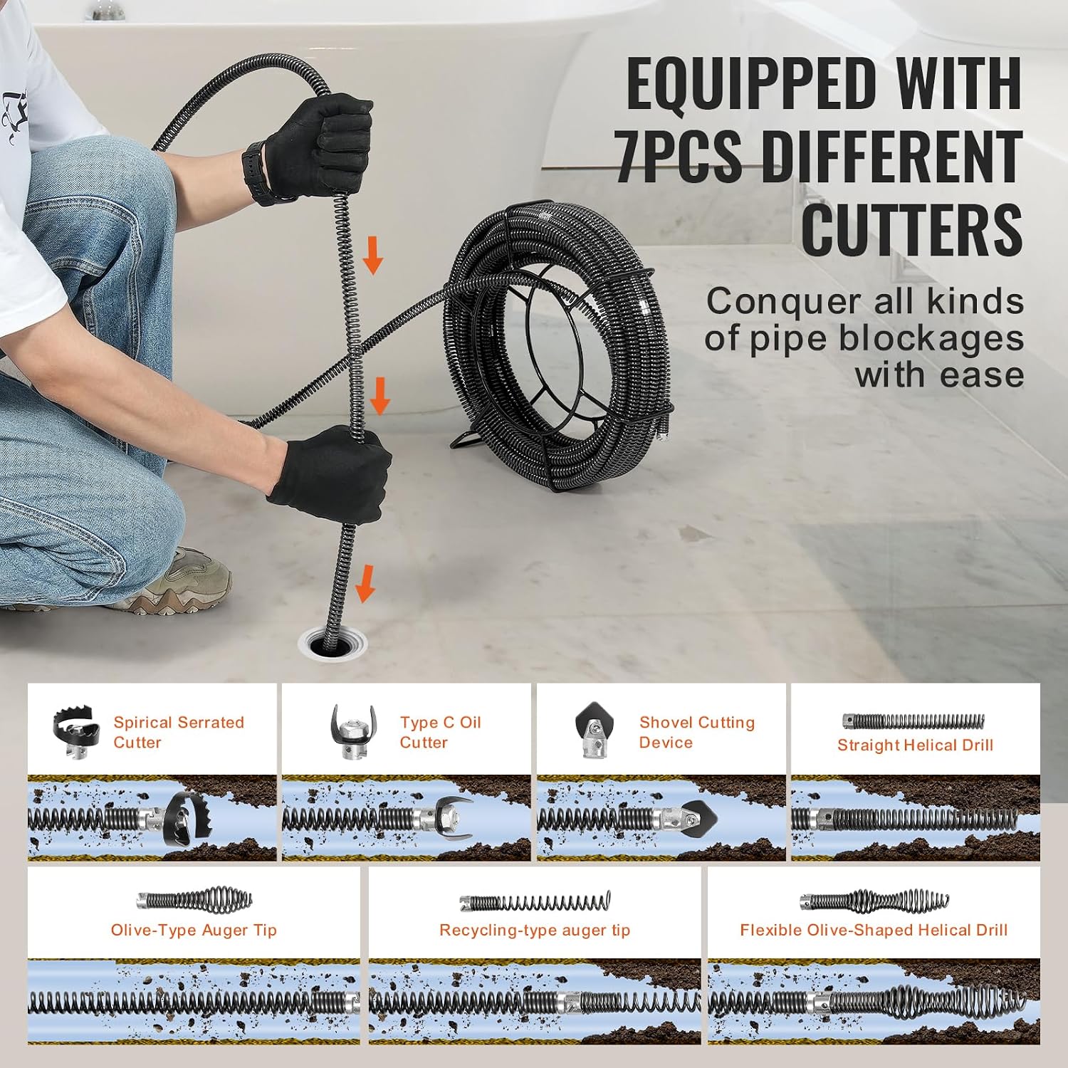 VEVOR Drain Cleaning Cable 100 FT x 5/8 Inch, Professional Sectional Drain Cleaner Cable with 7 Cutters for 0.8" to 3.9" Pipes for Hollow Core Sewer Cleaner Auger Sink, Toilet