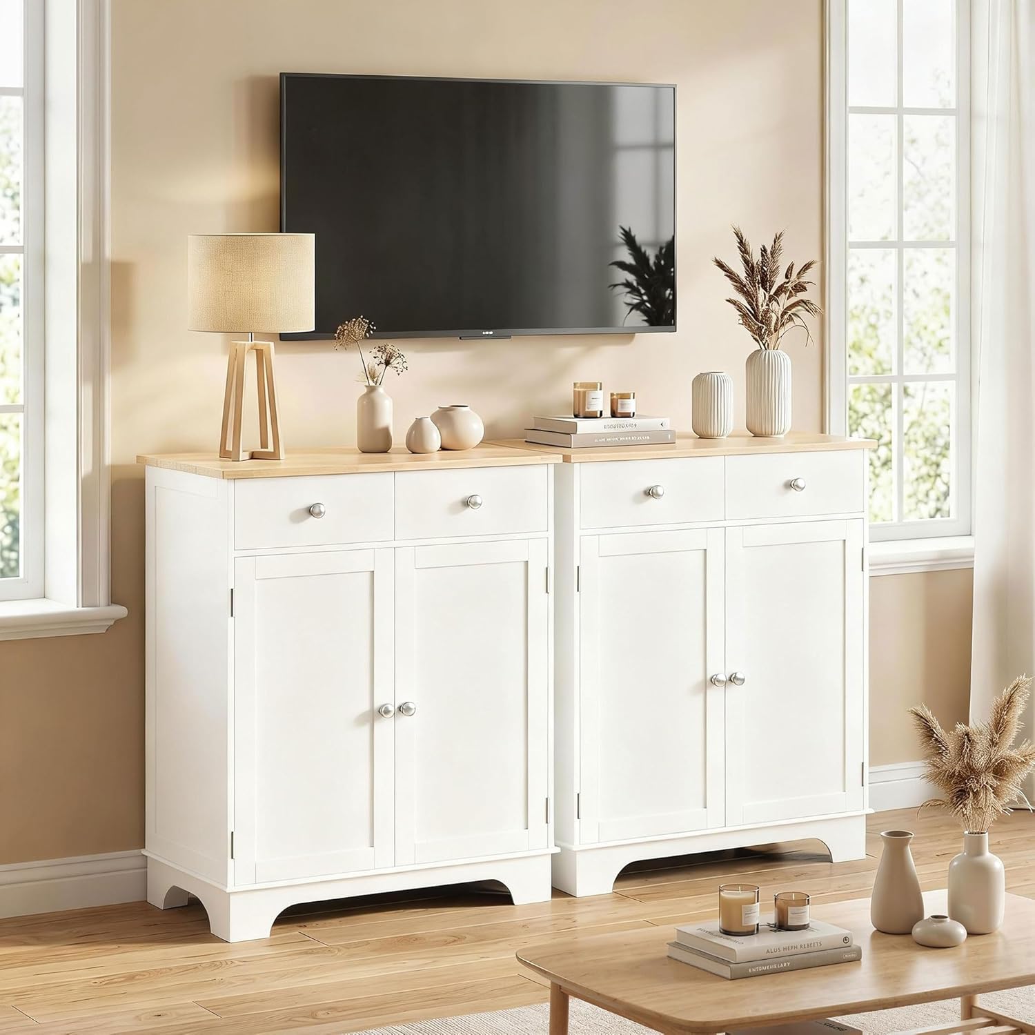HOMCOM Sideboard Buffet Cabinet Solid Wood Countertop White