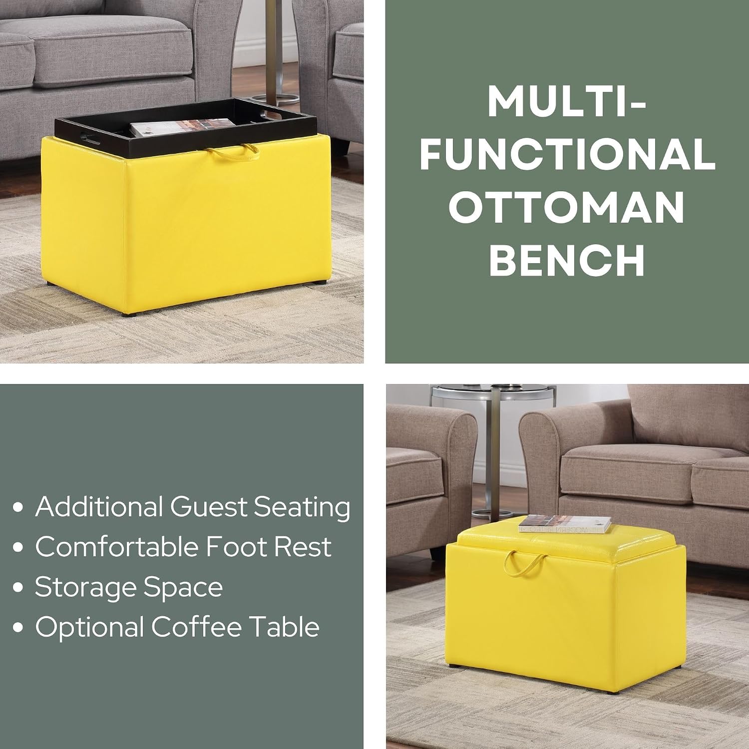 Convenience Concepts Designs4Comfort Accent Storage Ottoman 22.75" - Modern Foot Stool with Decorative Tray for Living Room, Dining Room, Office, Blue Faux Leather