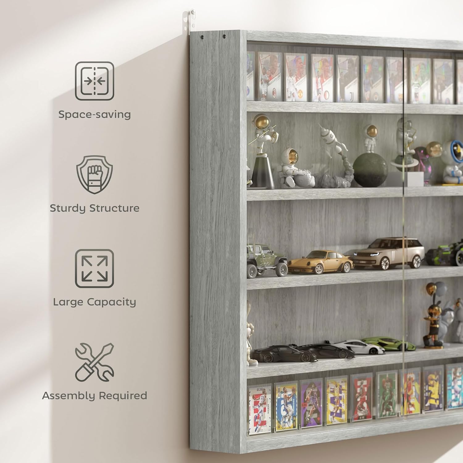 HOMCOM 5-Tier Display Cabinet, Glass Door Cabinet with Adjustable Shelves, Wall-Mounted Display Case for Playroom, Bedroom, Black